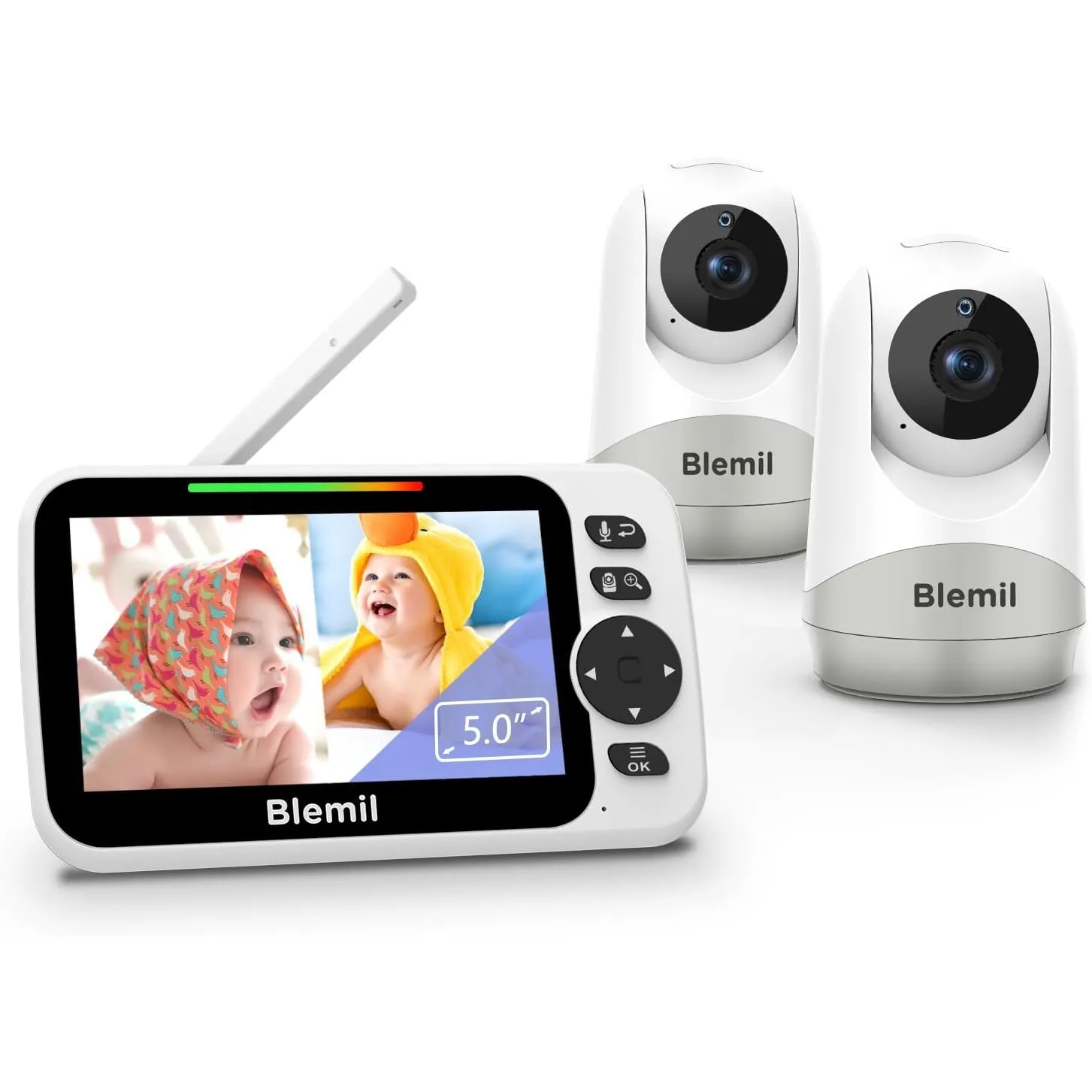 Blemil Upgrade Babyphone mit 2 Kameras, 5-Zoll-Split-Screen ohne WLAN | Video-Babyphone mit Fernsteuerung, Schwenk-, Ne…