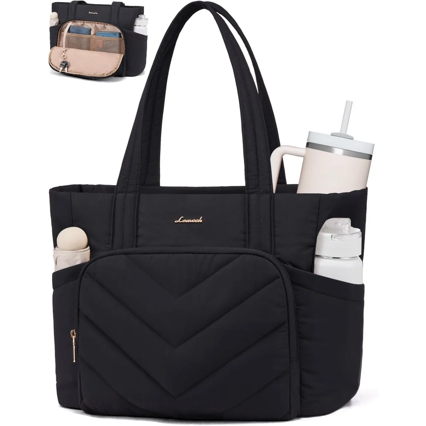 LOVEVOOK Shopper Tasche Handtasche Damen Groß, Leicht Puffer Arbeitstasche mit großem Wasserflaschenfach, 15,6 Zoll Lap…