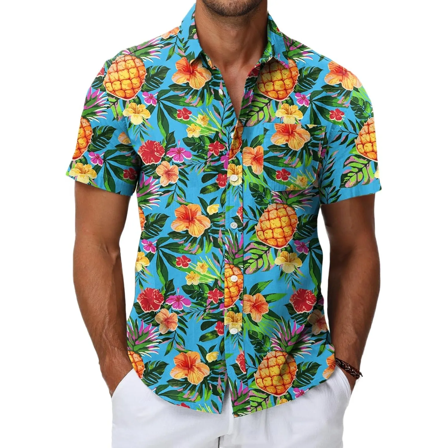 HMIYA Herren Hawaii Hemd Männer 100% Baumwolle Unisex Kurzarm Vordertasche Button Down Sommer Freizeit Urlaub Strand