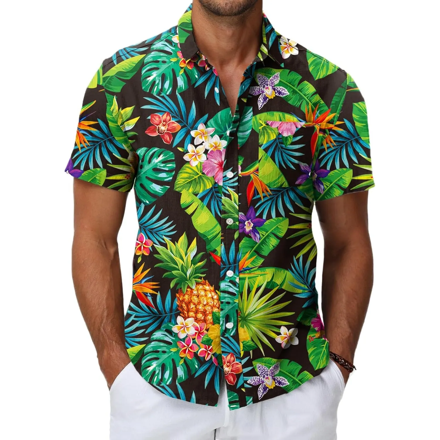 HMIYA Herren Hawaii Hemd Männer 100% Baumwolle Unisex Kurzarm Vordertasche Button Down Sommer Freizeit Urlaub Strand