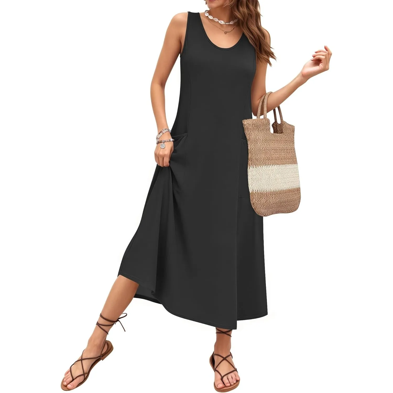 AUSELILY Sommerkleid Damen Lang Ärmellose Lockeres Maxikleider Damen Sommer U-Ausschnitt A Linien Strandkleid Damen Luf…