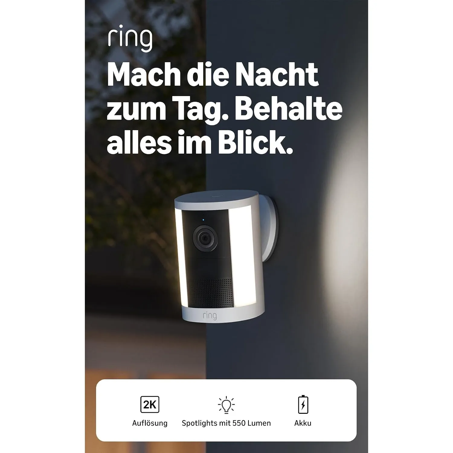 Ring Spotlight Kamera (Spotlight Cam), Akku (neueste Generation), Weitwinkel-Video in Retinal 2K, optimierter 6x-Zoom, …