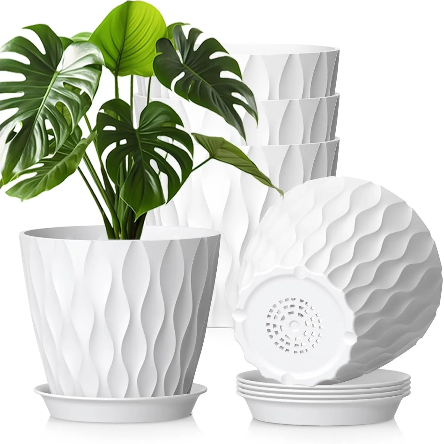 WSMKSZ 20cm Blumentöpfe Innen Außen, 5er Set Kunststoff Pflanztöpfe, Weiß