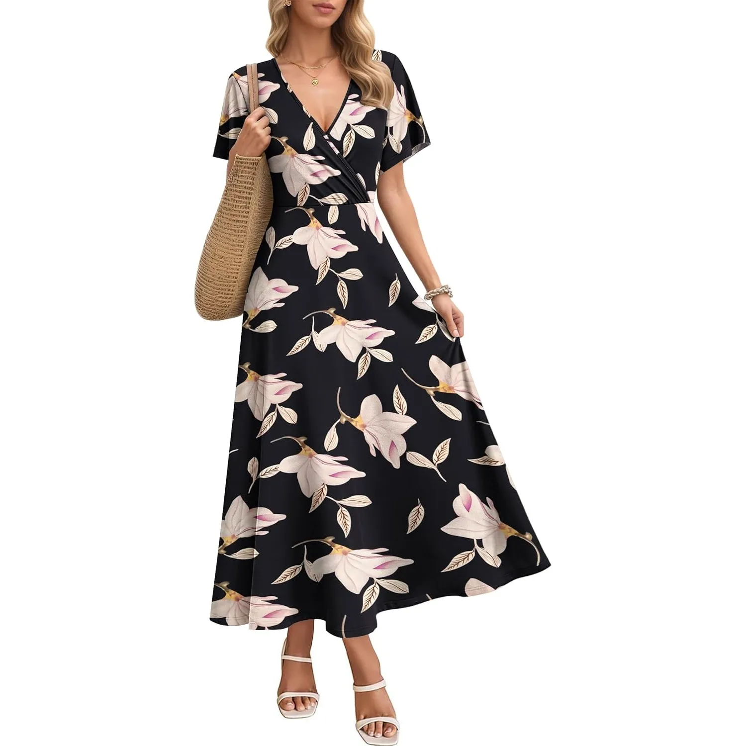 AUSELILY Maxikleider Damen Sommer Kleid Lässig Hohe Taille Lockere Passform Mit Taschen