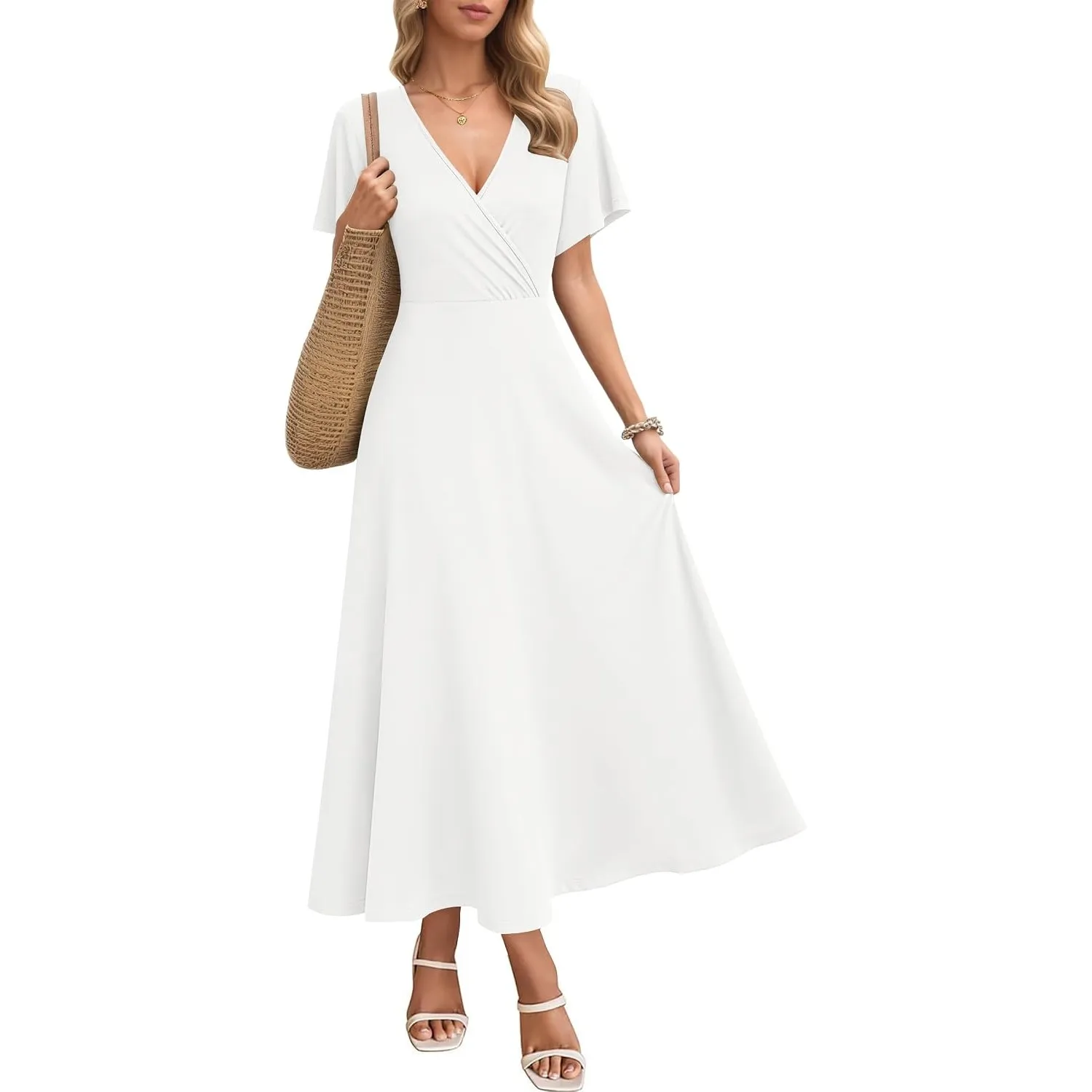 AUSELILY Maxikleider Damen Sommer Kleid Lässig Hohe Taille Lockere Passform Mit Taschen