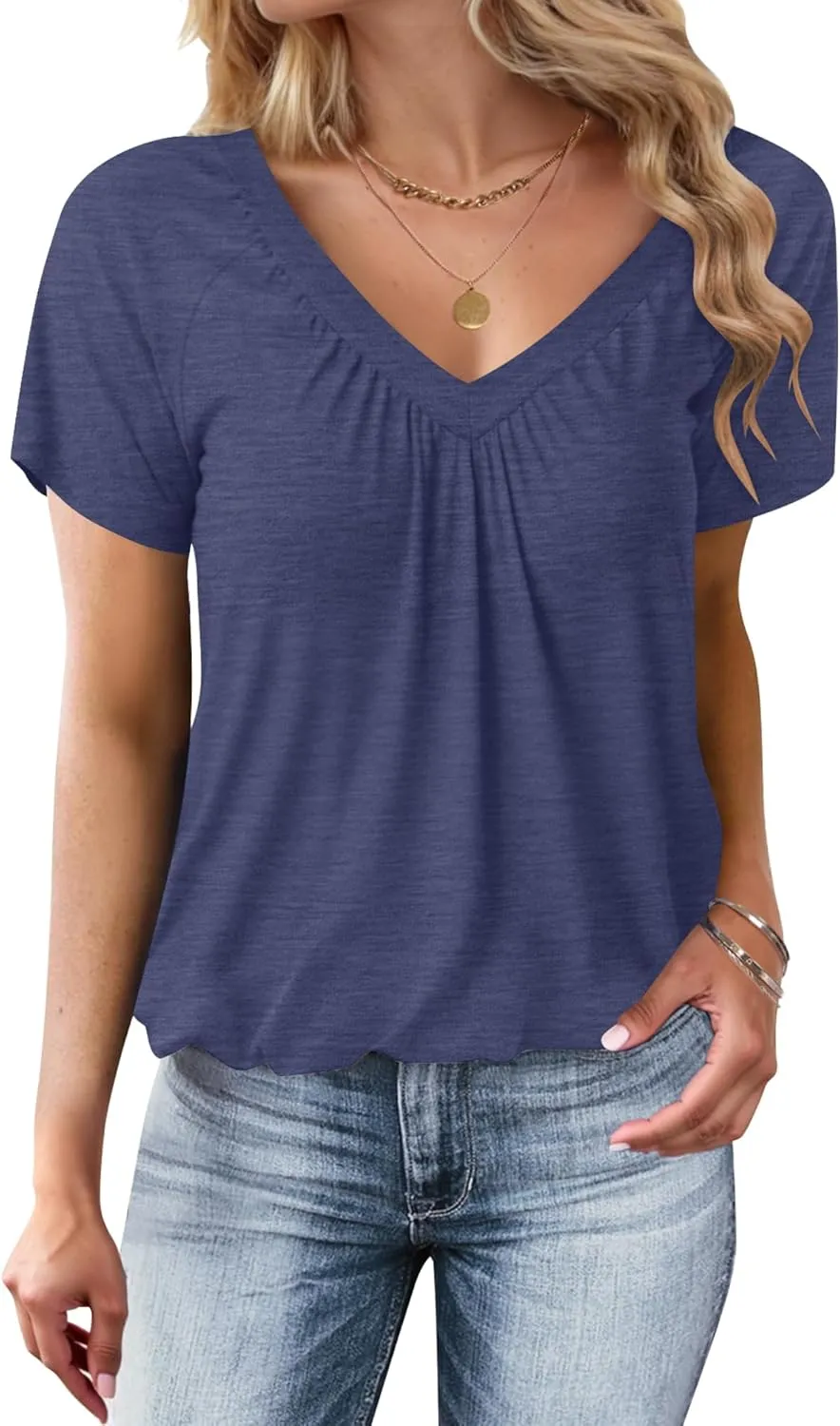 WNEEDU Tshirt Damen Sommer - Basic T-Shirt Damen V Ausschnitt Tops Kurzarm Oberteile Casual Lockere Bluse mit Plissiert…