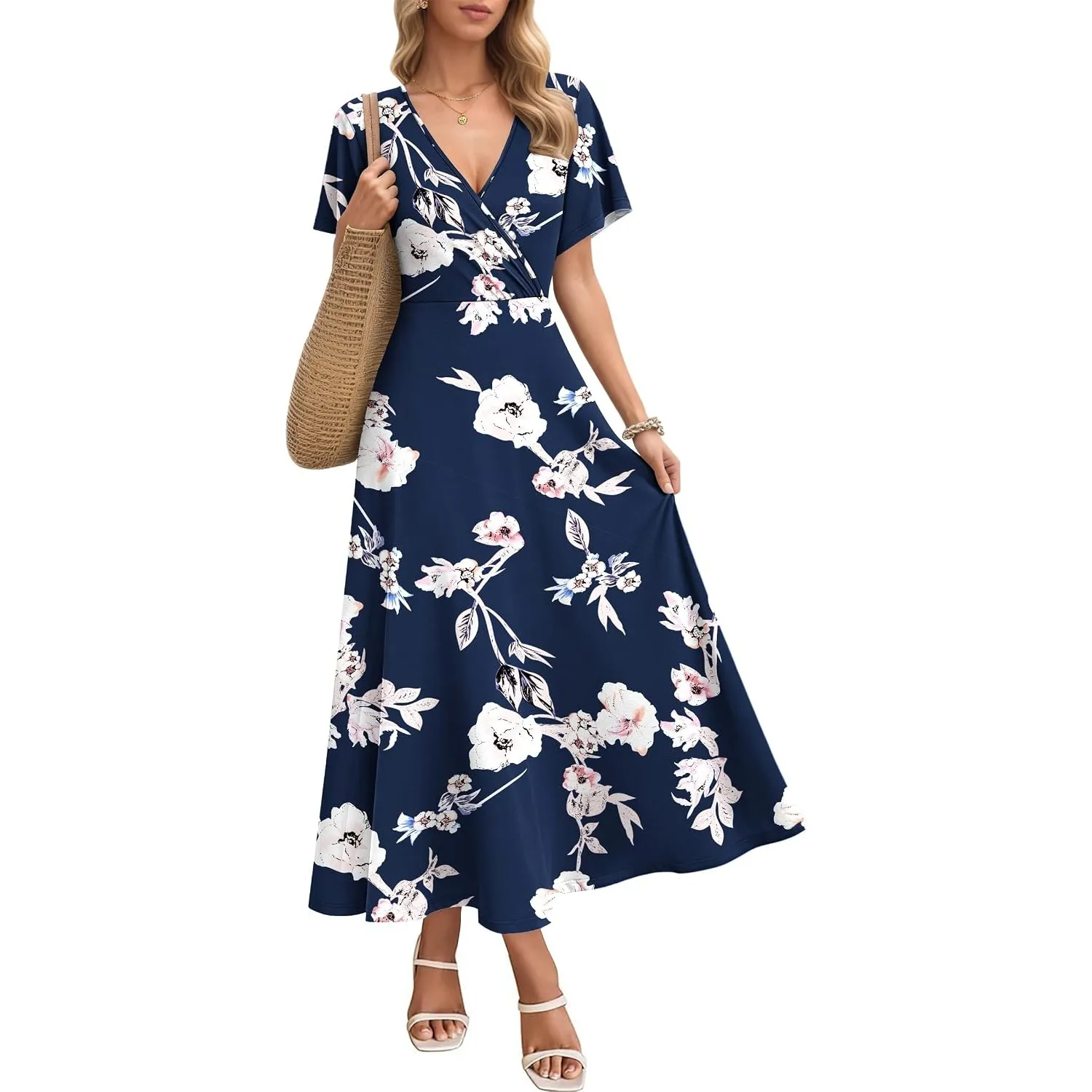 AUSELILY Maxikleider Damen Sommer Kleid Lässig Hohe Taille Lockere Passform Mit Taschen