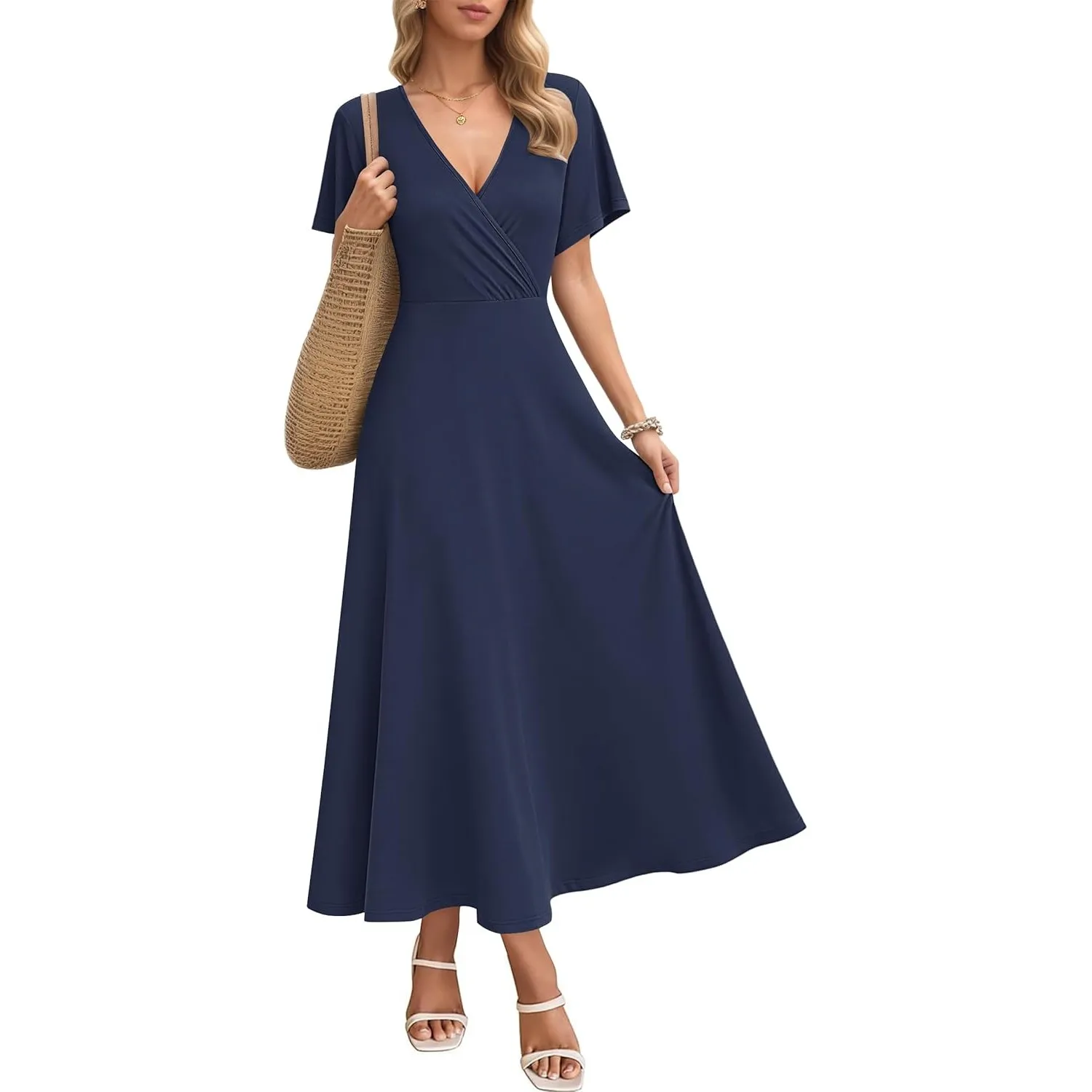 AUSELILY Maxikleider Damen Sommer Kleid Lässig Hohe Taille Lockere Passform Mit Taschen
