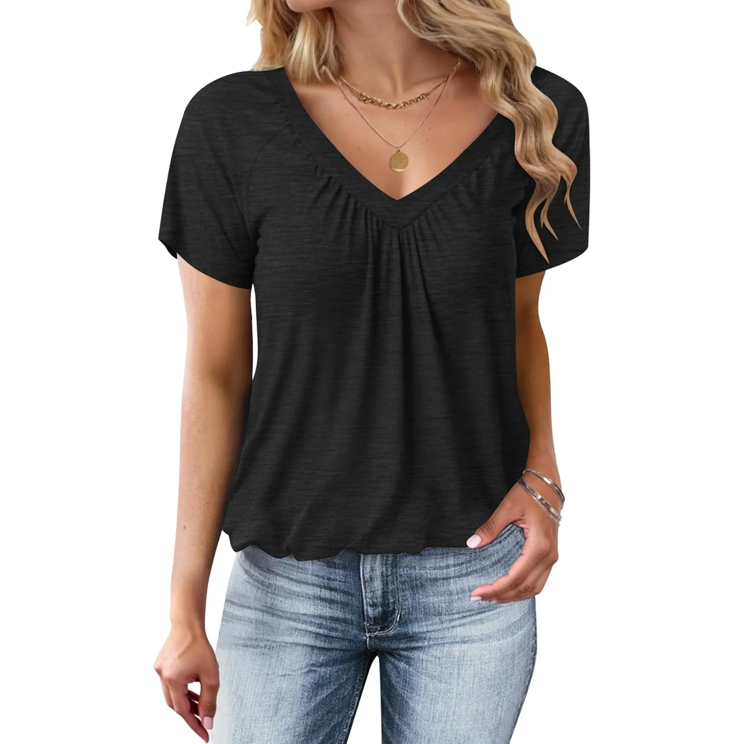 WNEEDU Tshirt Damen Sommer - Basic T-Shirt Damen V Ausschnitt Tops Kurzarm Oberteile Casual Lockere Bluse mit Plissiert…