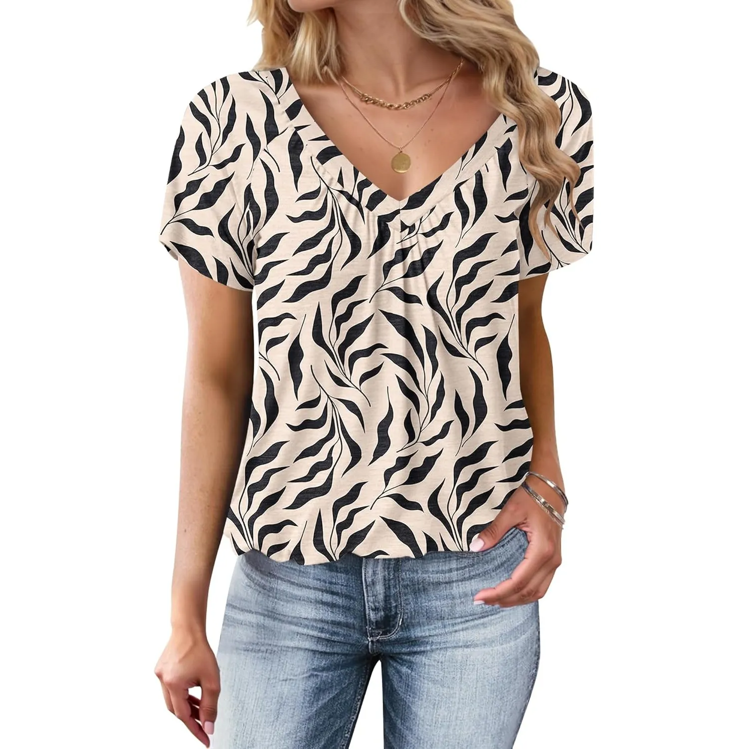WNEEDU Tshirt Damen Sommer - Basic T-Shirt Damen V Ausschnitt Tops Kurzarm Oberteile Casual Lockere Bluse mit Plissiert…