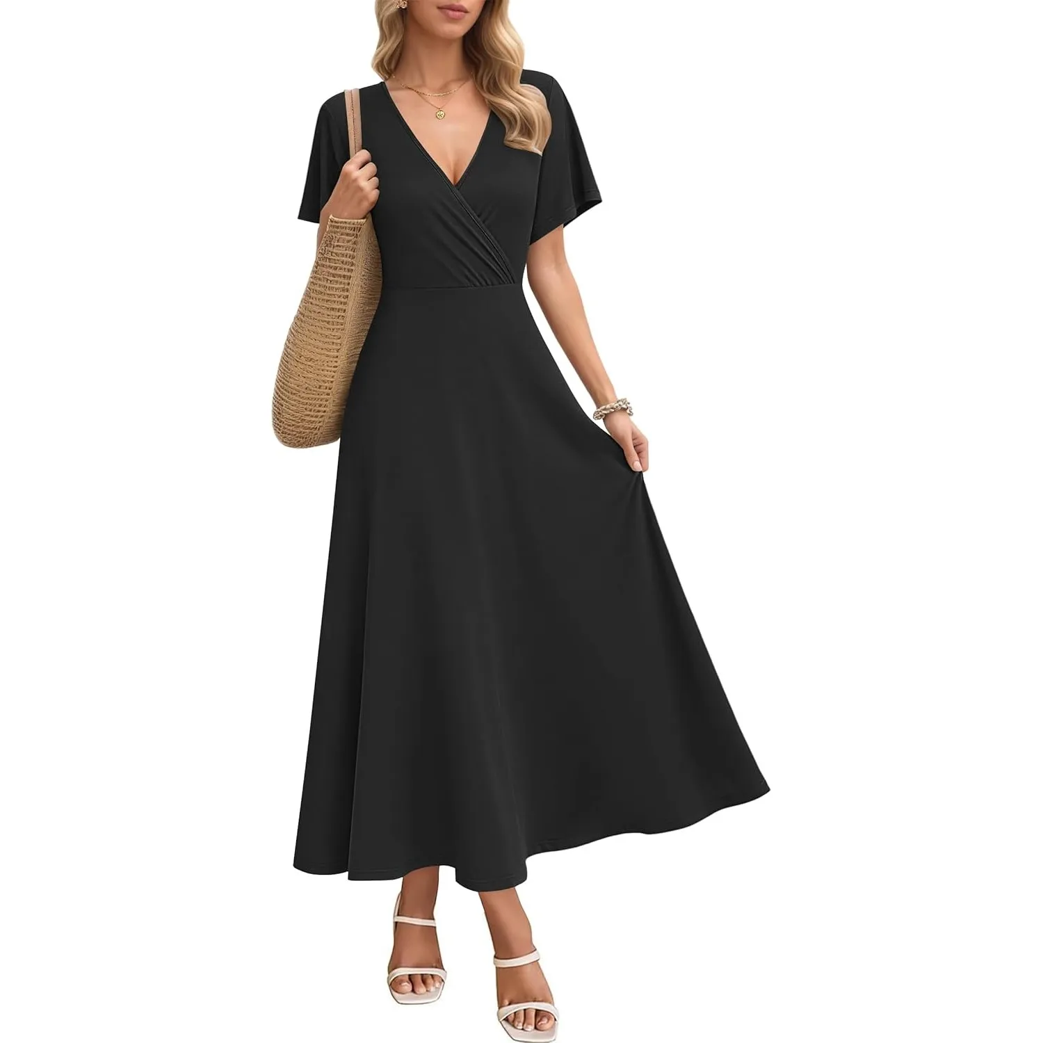 AUSELILY Maxikleider Damen Sommer Kleid Lässig Hohe Taille Lockere Passform Mit Taschen