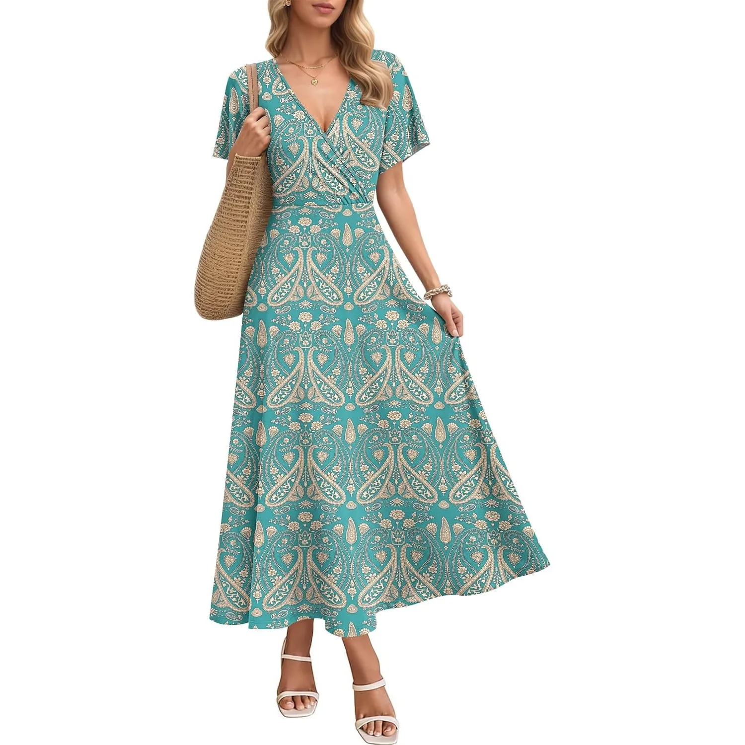 AUSELILY Maxikleider Damen Sommer Kleid Lässig Hohe Taille Lockere Passform Mit Taschen