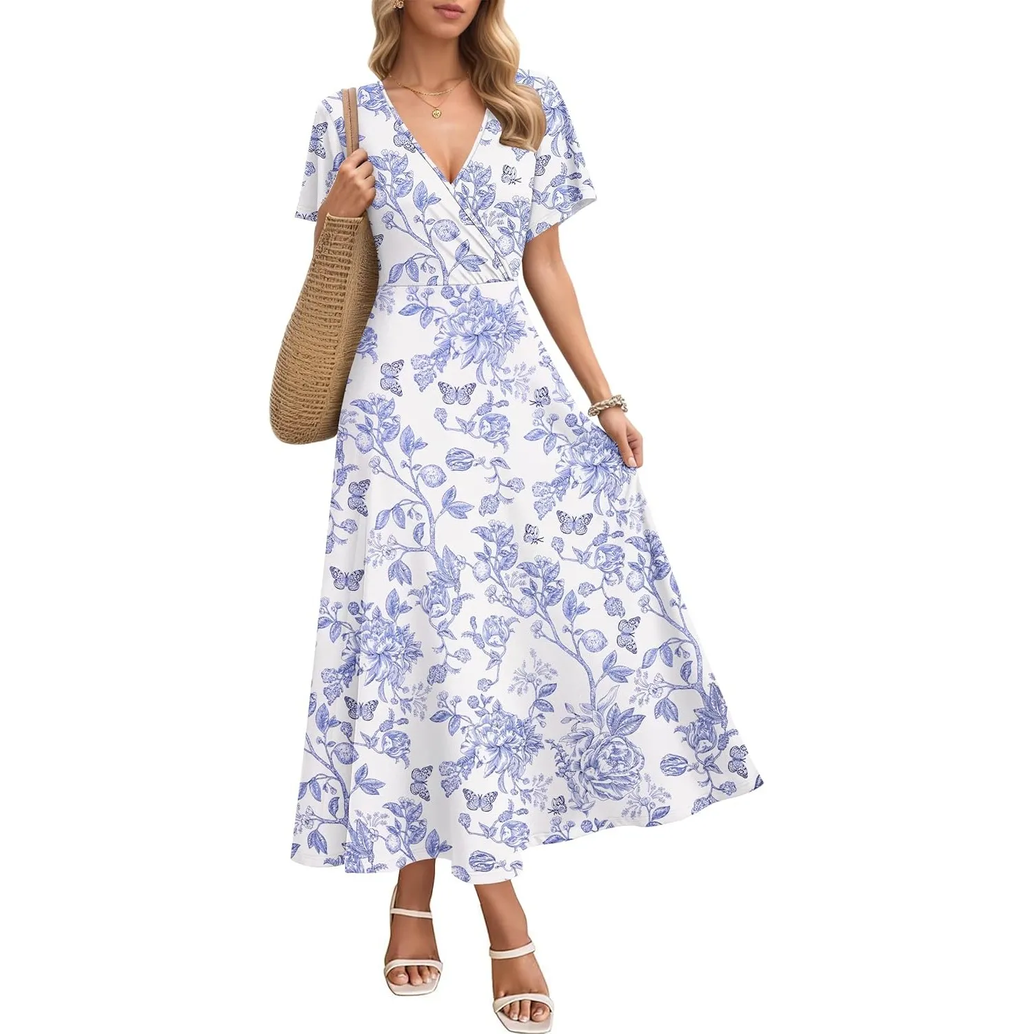 AUSELILY Maxikleider Damen Sommer Kleid Lässig Hohe Taille Lockere Passform Mit Taschen