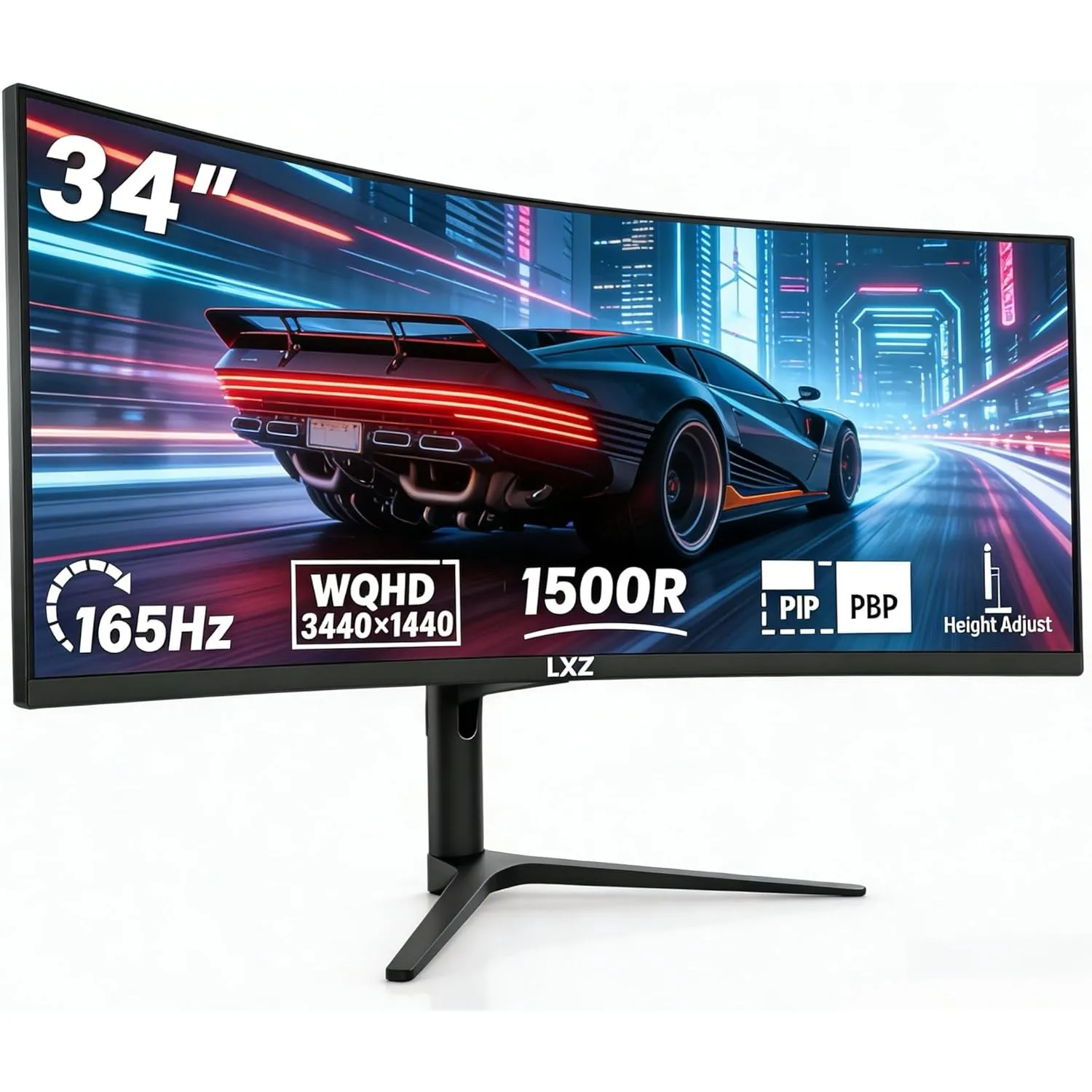 LXZ 34 Zoll Curved Gaming Monitor Height Adjustable 165Hz, 3440 x 1440 UWQHD, 1500R with HDR, 1ms MPRT, 21:9 UltraWide …