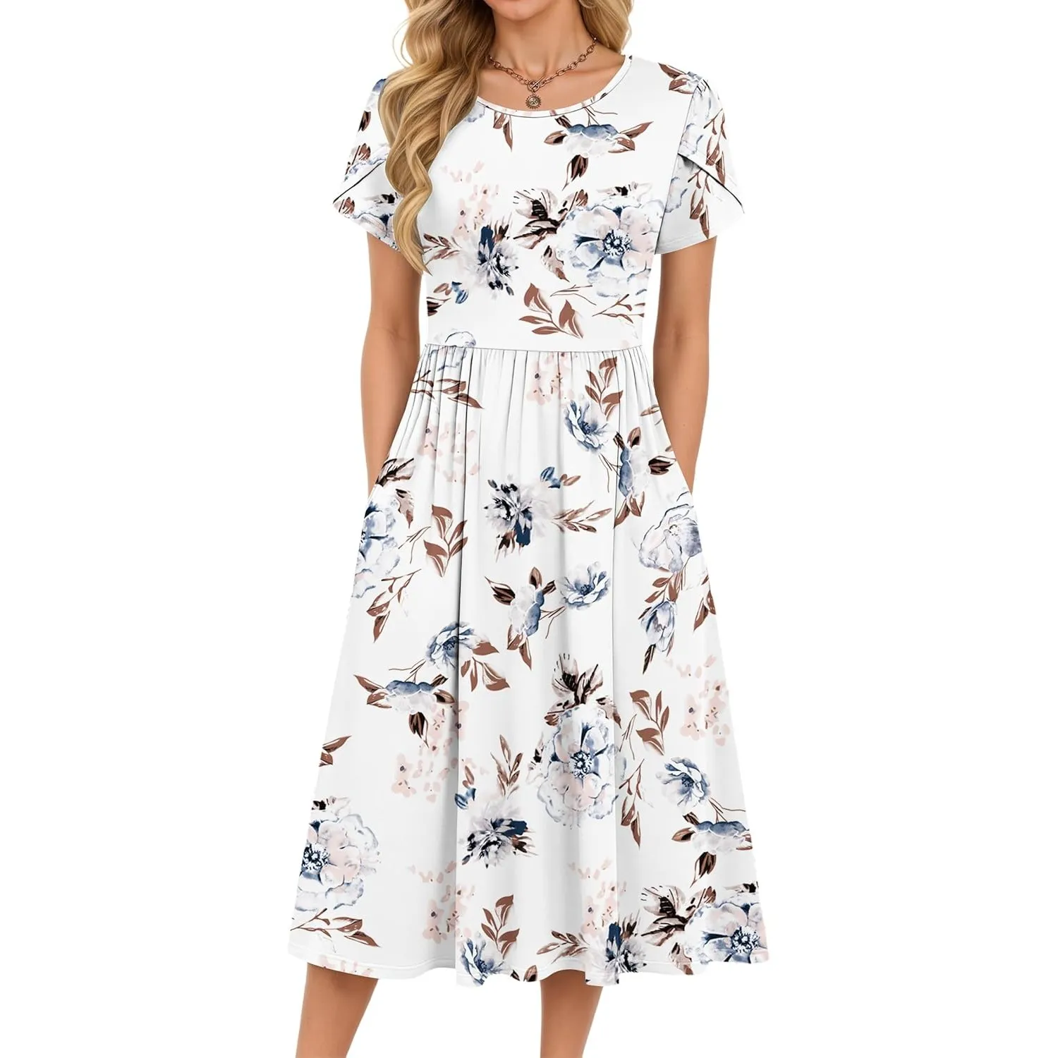 MOLERANI Damen Sommerkleider - Kurzarm Rundhals Midikleid Knielang Freizeitkleider Lose A-Linie Kleider mit Tasche