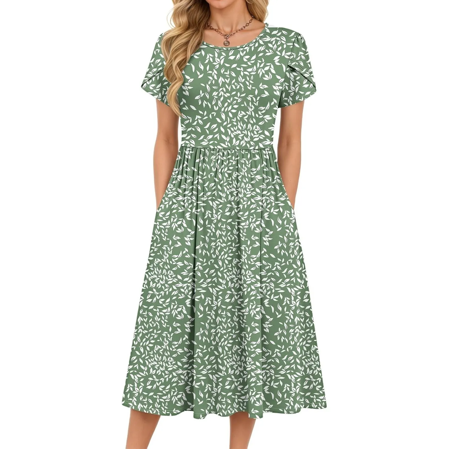 MOLERANI Damen Sommerkleider - Kurzarm Rundhals Midikleid Knielang Freizeitkleider Lose A-Linie Kleider mit Tasche