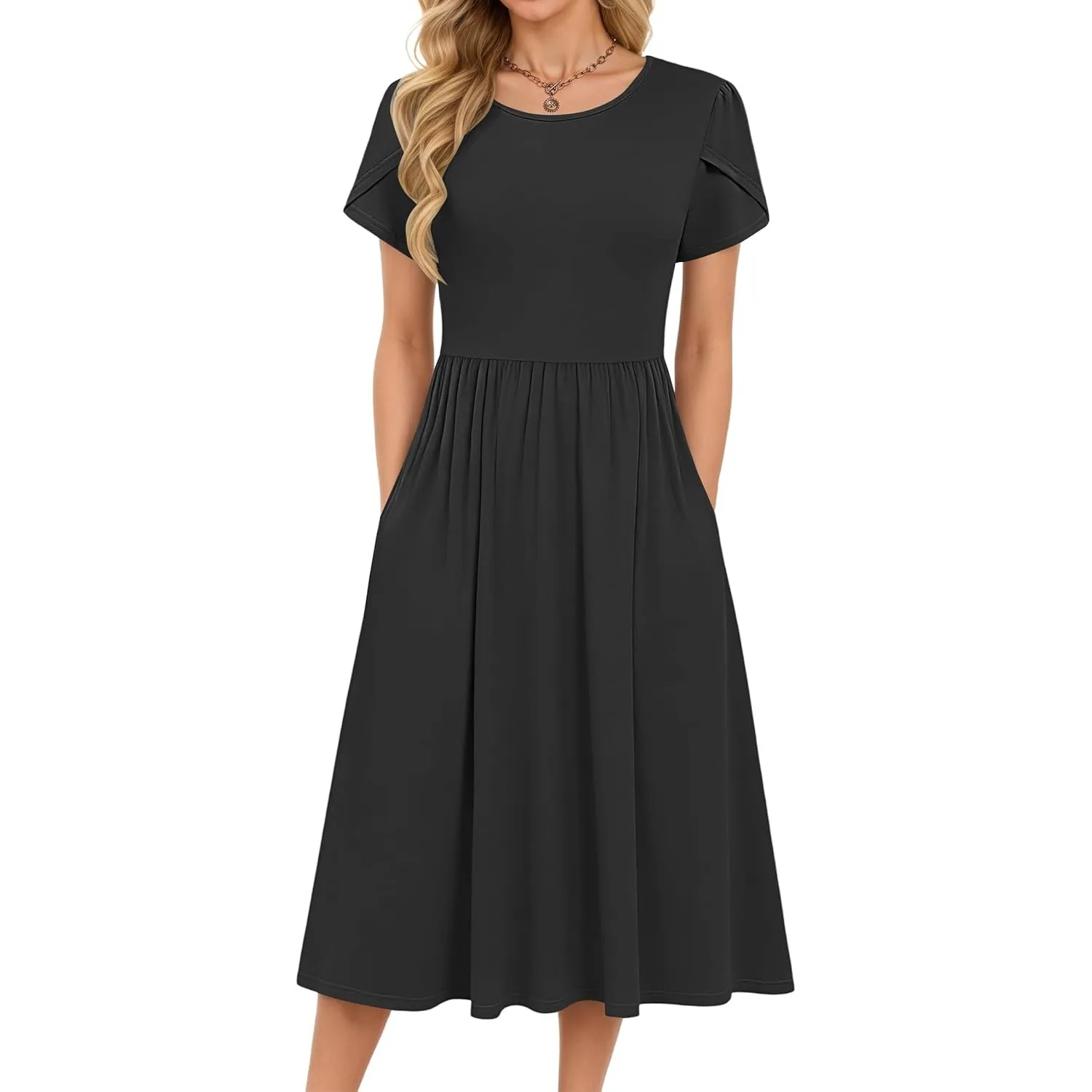 MOLERANI Damen Sommerkleider - Kurzarm Rundhals Midikleid Knielang Freizeitkleider Lose A-Linie Kleider mit Tasche