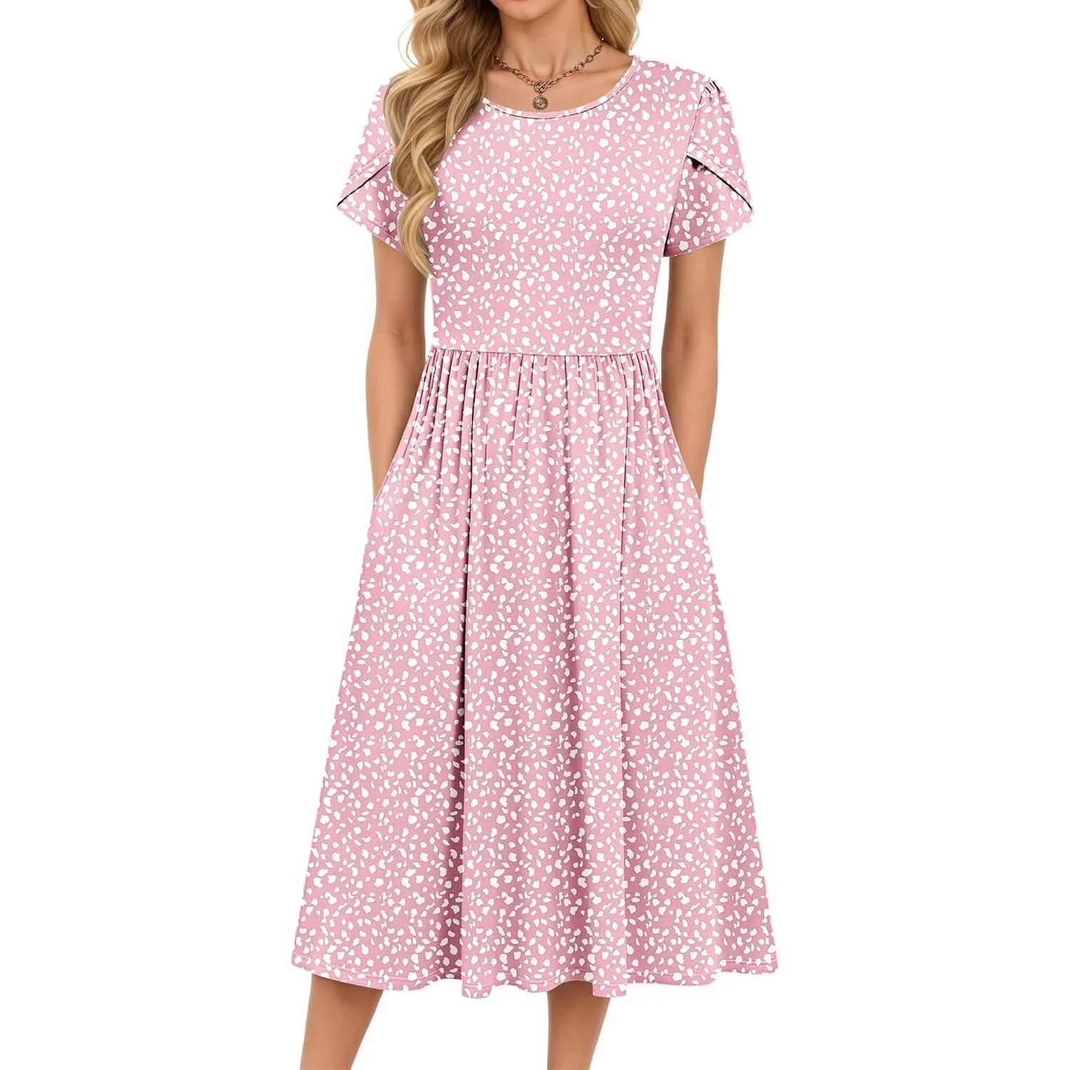MOLERANI Damen Sommerkleider - Kurzarm Rundhals Midikleid Knielang Freizeitkleider Lose A-Linie Kleider mit Tasche