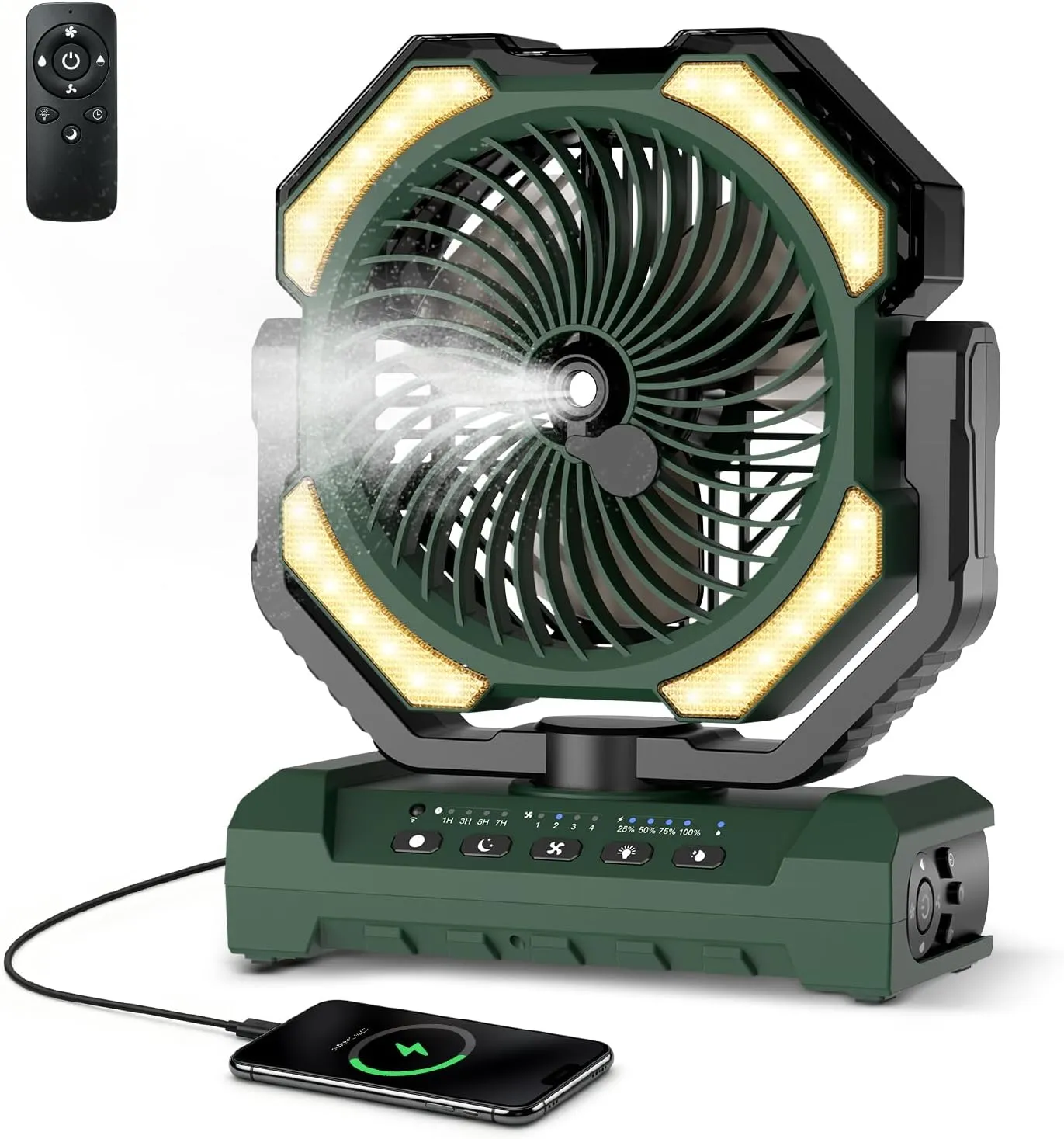 Ateroll Camping Fan with Spray Cooling, Battery 20000 mAh & Remote Control, 250 ml Tank, LED Light, Hanging Hook for Te…