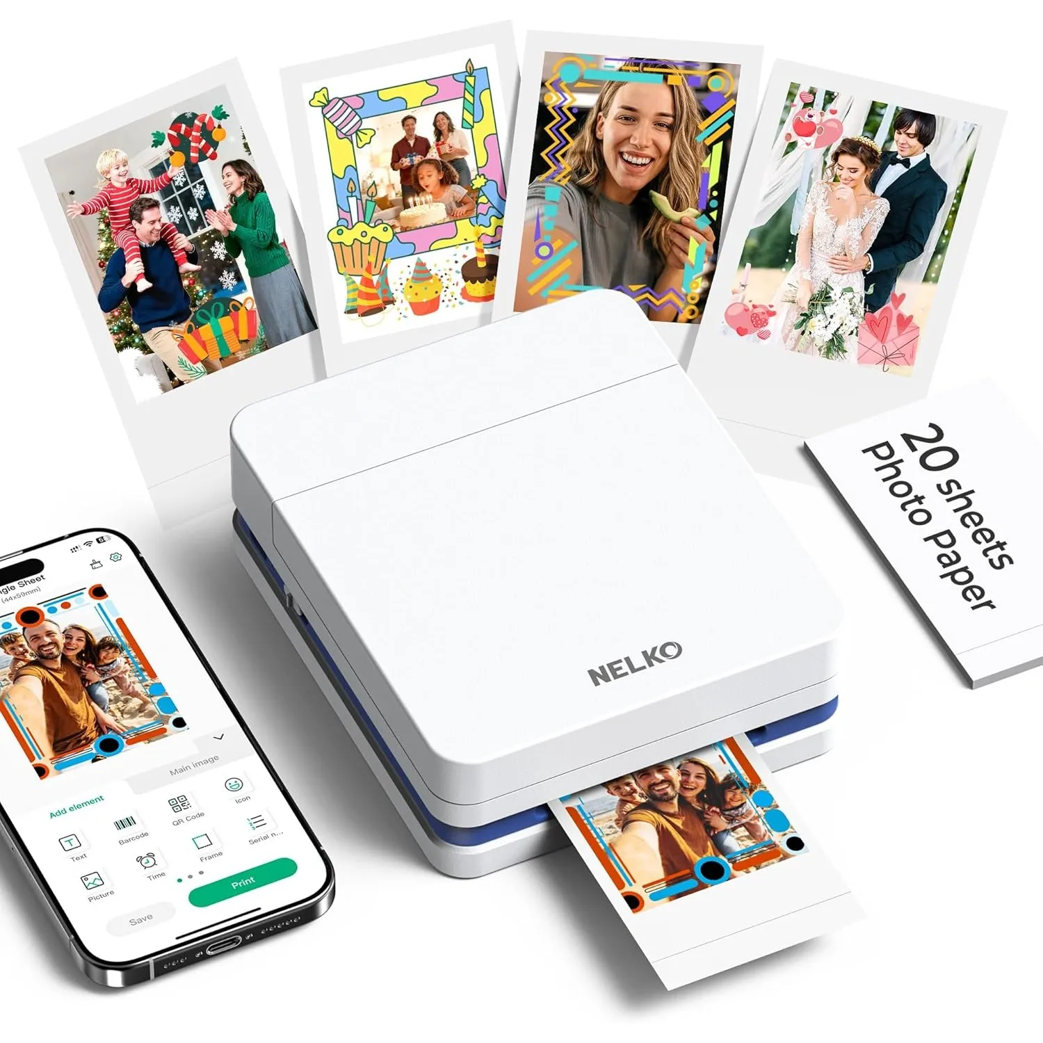 Nelko Fotodrucker PP01 Farbe Tragbarer Mini Fotodrucker, Weiß | Smartphone-Tintenstrahl-Aufkleberdrucker für iOS/Androi…
