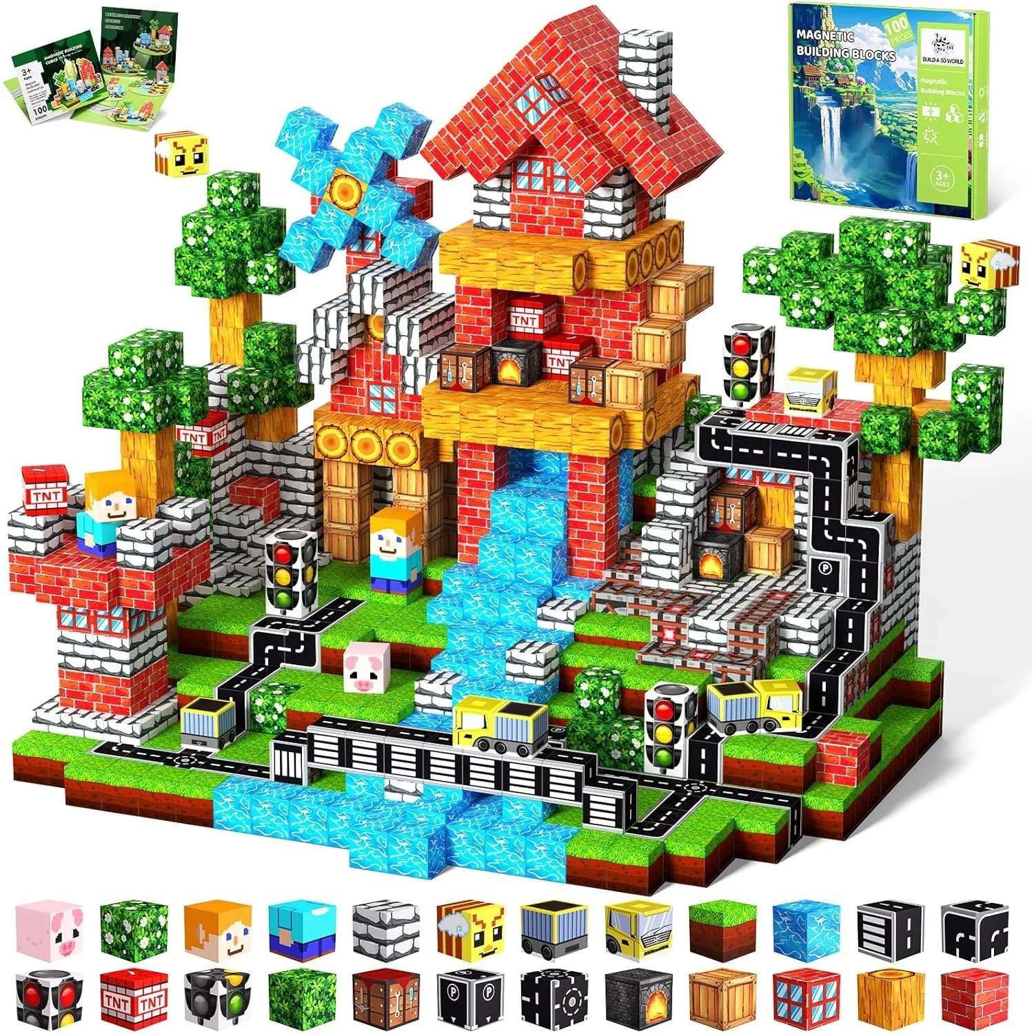 Magnetische Bausteine Bauspielzeug 100 Pcs Magnetbausteine für Kinder Montessori Kreative Spielzeug ab 3 4 5 6 7 8 9 10…