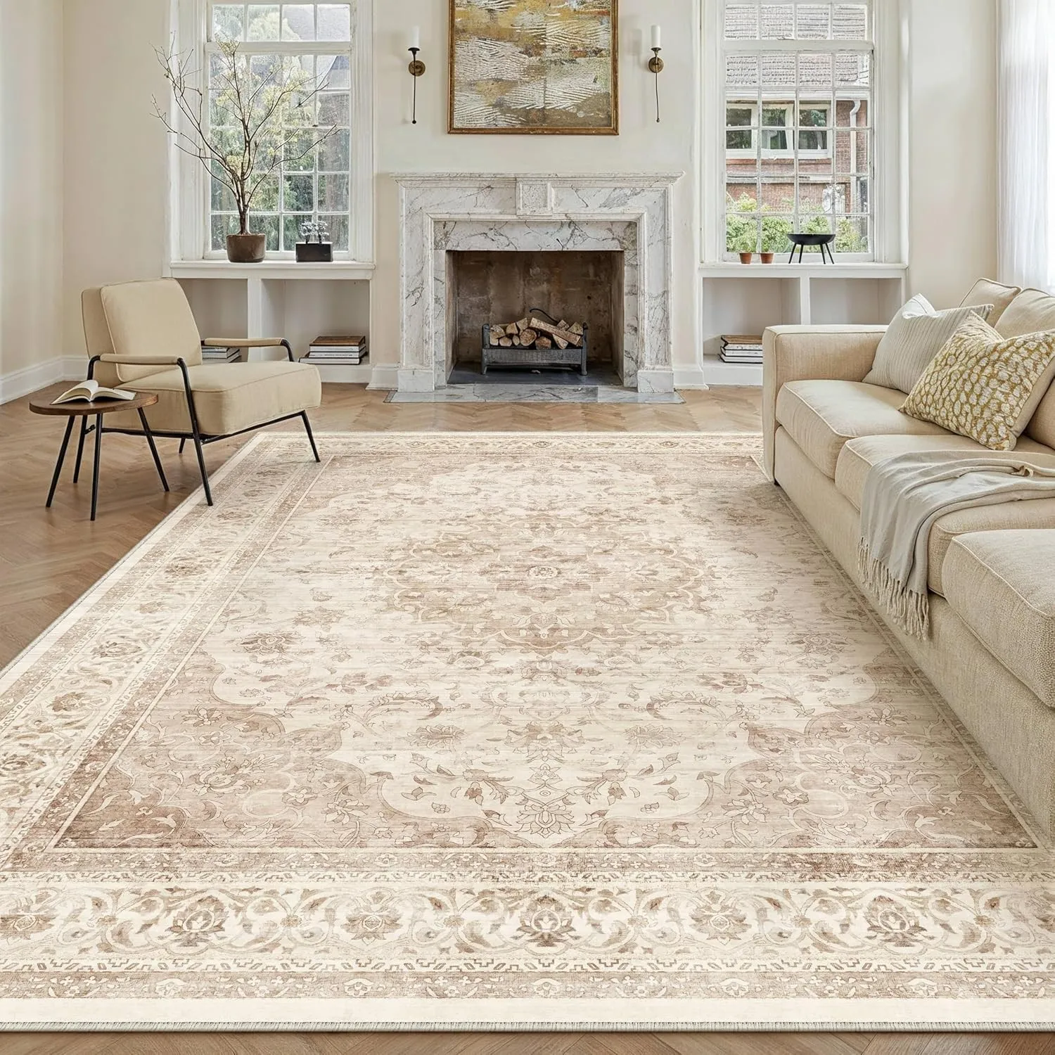 PureCozy Beige Teppich Wohnzimmer 240x300cm Vintage Waschbarer Tepich