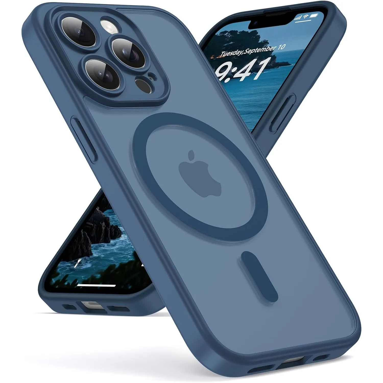 Oududianzi-Magnetisch Hülle für iPhone 13 Pro Max mit Magsafe, Blau | Durchscheinende Mattierte PC Rückseite TPU Siliko…