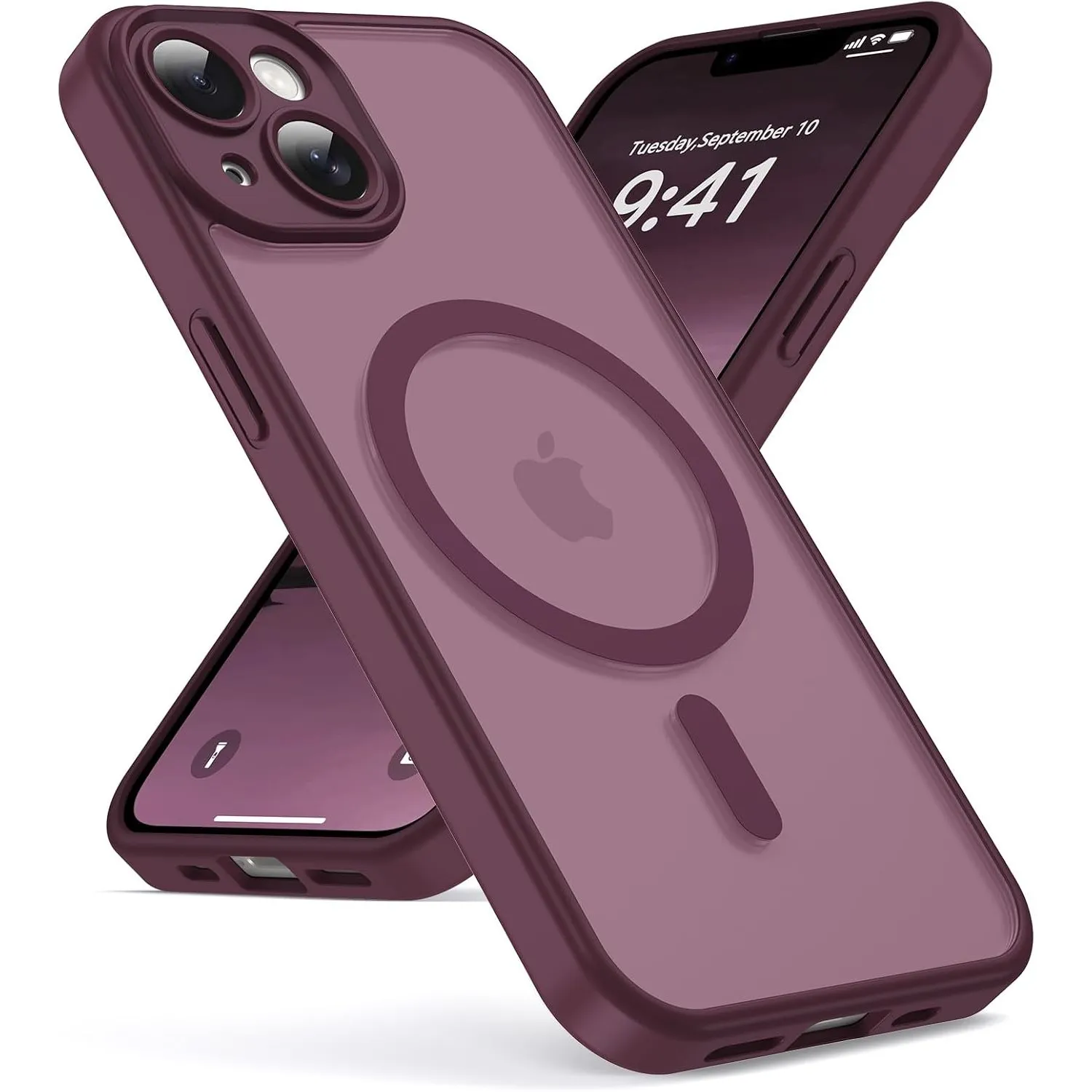 Oududianzi - Magnetisch Hülle für iPhone 14 mit Magsafe Case, WineRed | Durchscheinende Mattierte PC Rückseite TPU Sili…