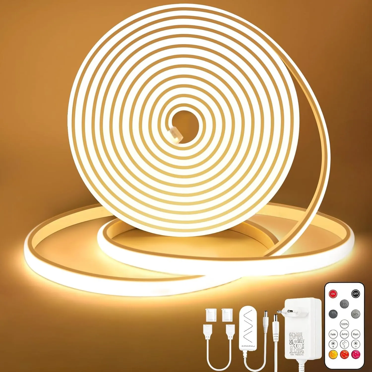 Lamomo COB LED Streifen 10M, Warmweiss Dimmbar Neon Led Leiste, Wasserdicht 3000K Led Strip mit Fernbedienung, 10mm Bre…