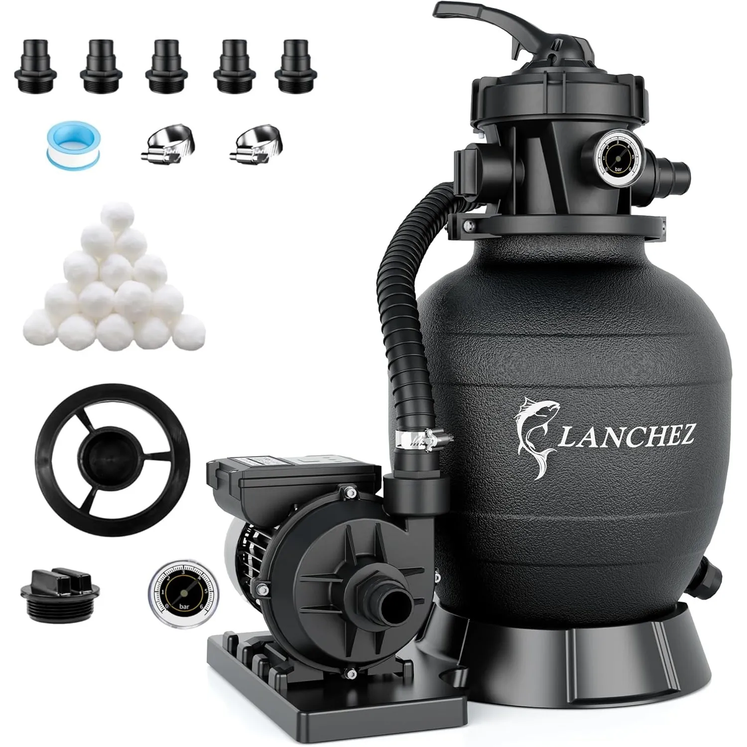 LANCHEZ Sandfilteranlage 11.500 L/h, 7-Wege-Ventil, 24h Zeitschaltuhr, 200g Filterbälle, Sandfilterkessel für Pool, Tan…