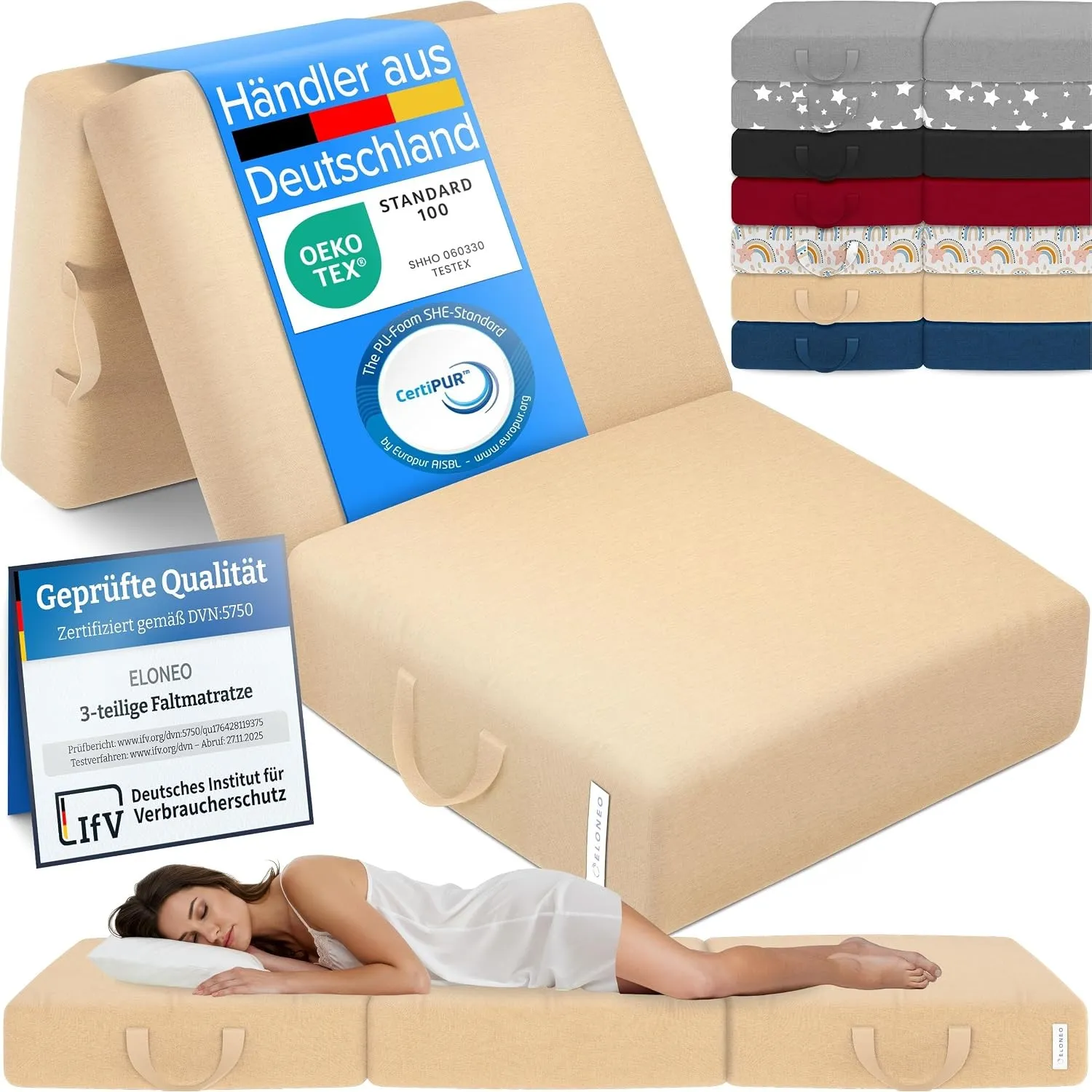 ELONEO Klappmatratze, Gästematratze, 3-teilige Faltmatratze, Schaumstoff extra dick (15cm), waschbar, Bandscheibenwürfe…