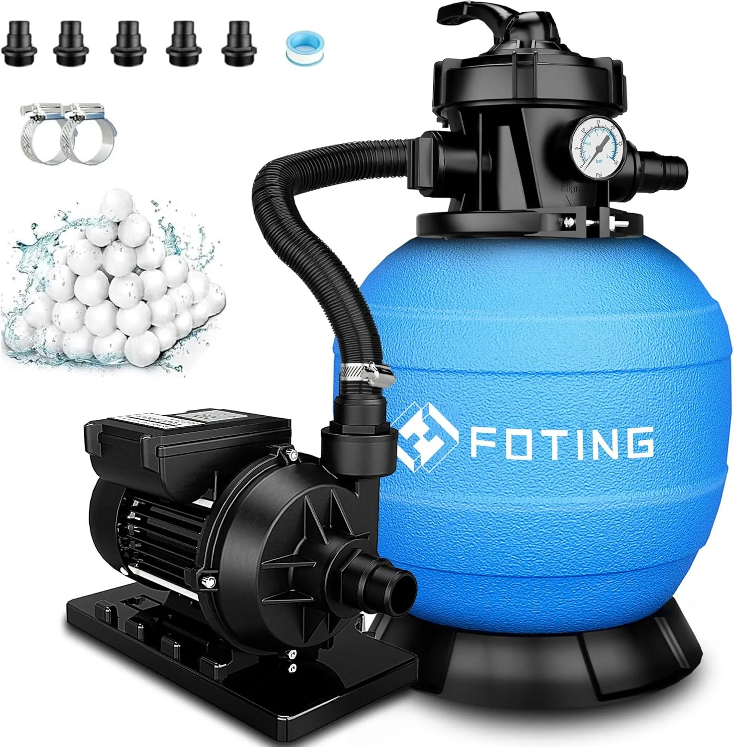 FOTING Sand Filter System Pool 11,500 L/h with 24-Hour Timer, Filter System, 7-Way Valve with Pressure Display, Pool Fi…
