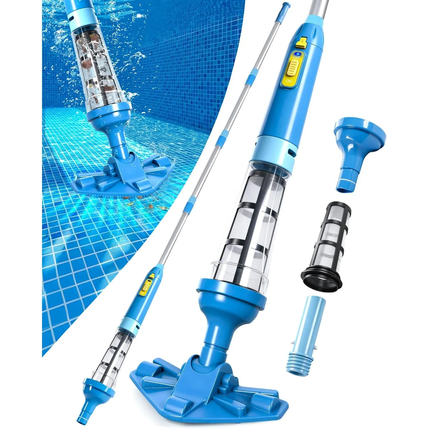 LanBlu Poolsauger Akku mit Teleskopstange, 60L/Min Pool Staubsauger Starker Saugleistung, 5200mAh Batterie Poolsauger B…