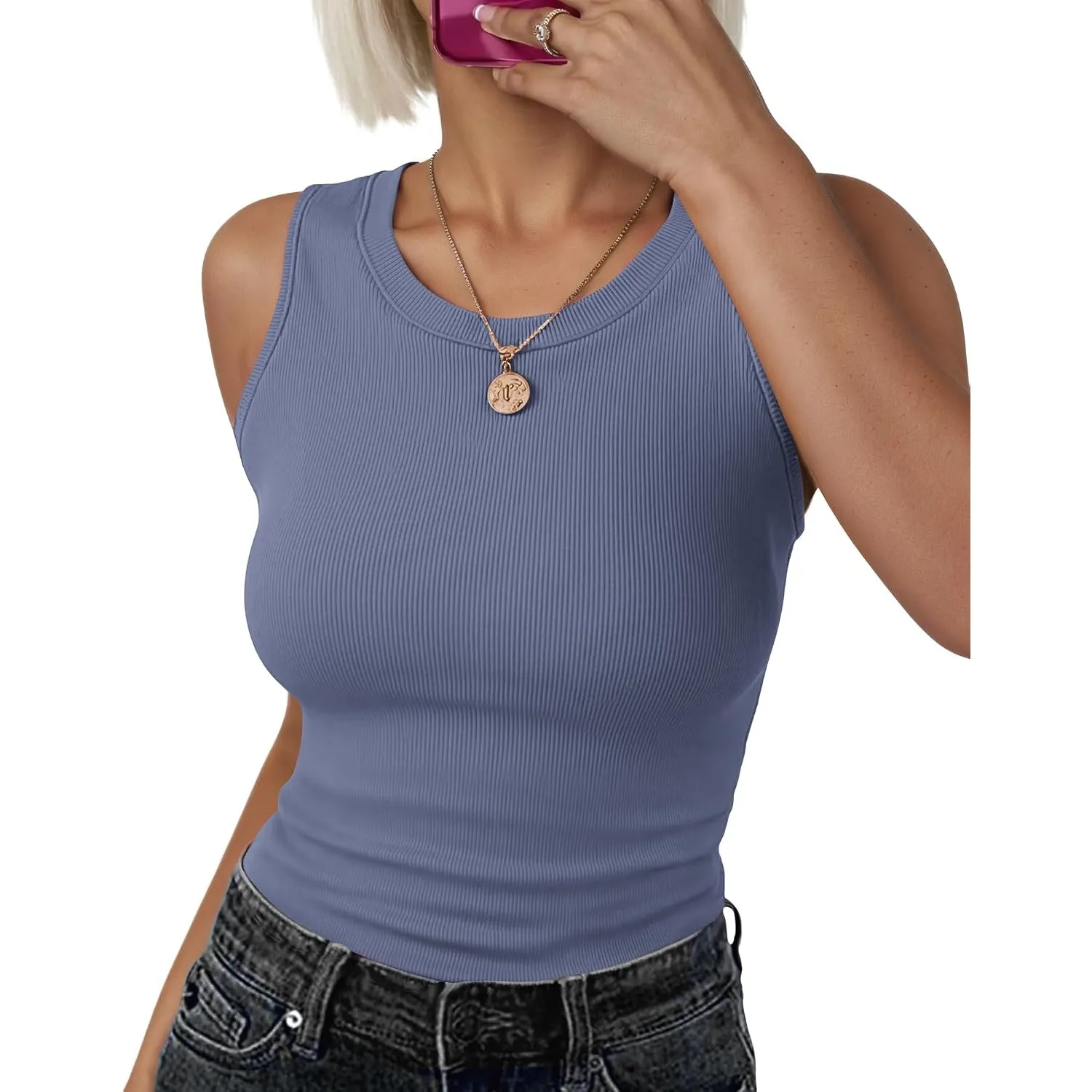 PLMOKEN Top Damen Sommer Ärmellos Slim Fit Rundhals Tank Tops Gerippt Bluse | Figurbetontes Tanktop für Frauen. Ärmello…