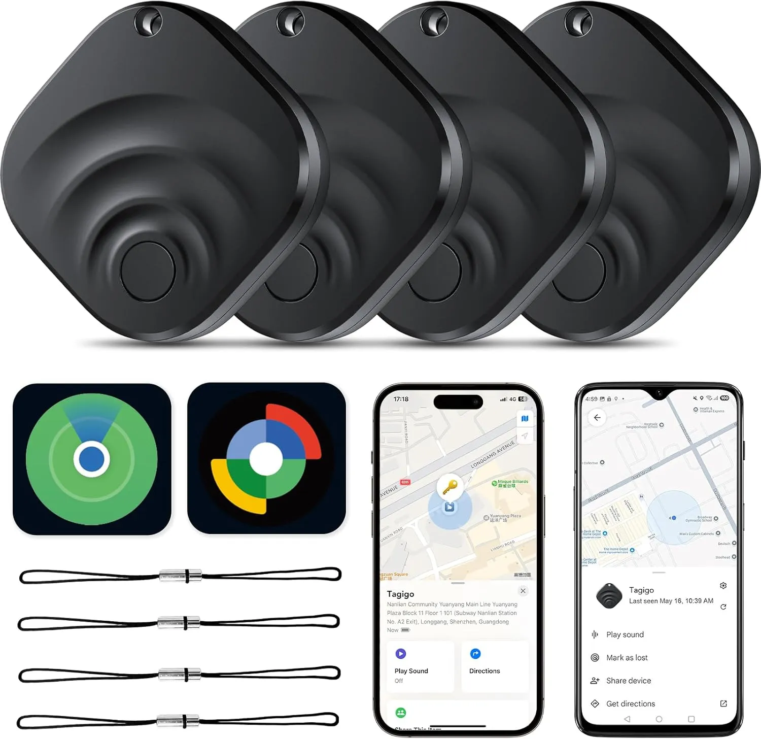 TIMU 4er Pack Dual-System GPS Tracker Android & iOS, Schlüsselfinder kompatibel mit Google Find Hub und Apple Find My, …