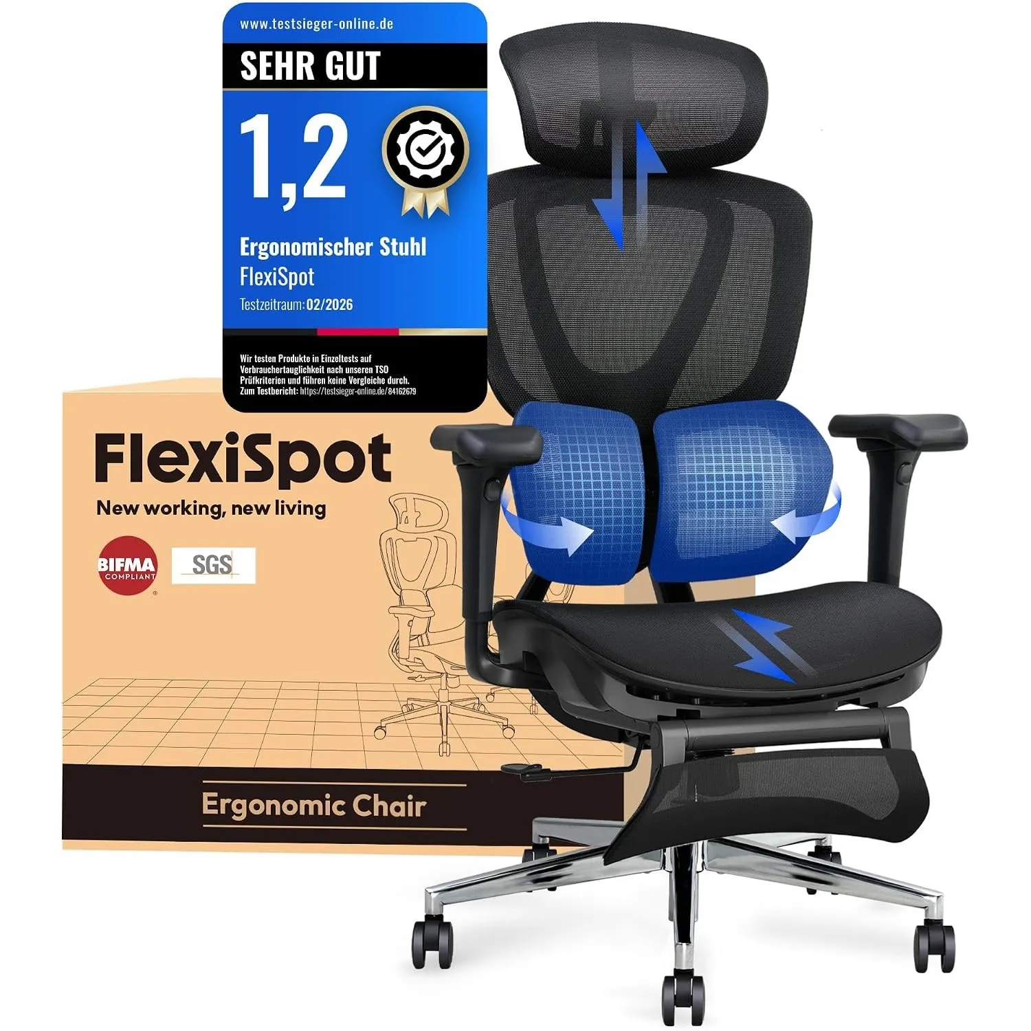 FLEXISPOT Ergonomischer Bürostuhl mit Dual-Wing-Lendenstütze, 3D-Kopfstütze & Armlehnen, Verstellbarer Sitztiefe, Rücke…