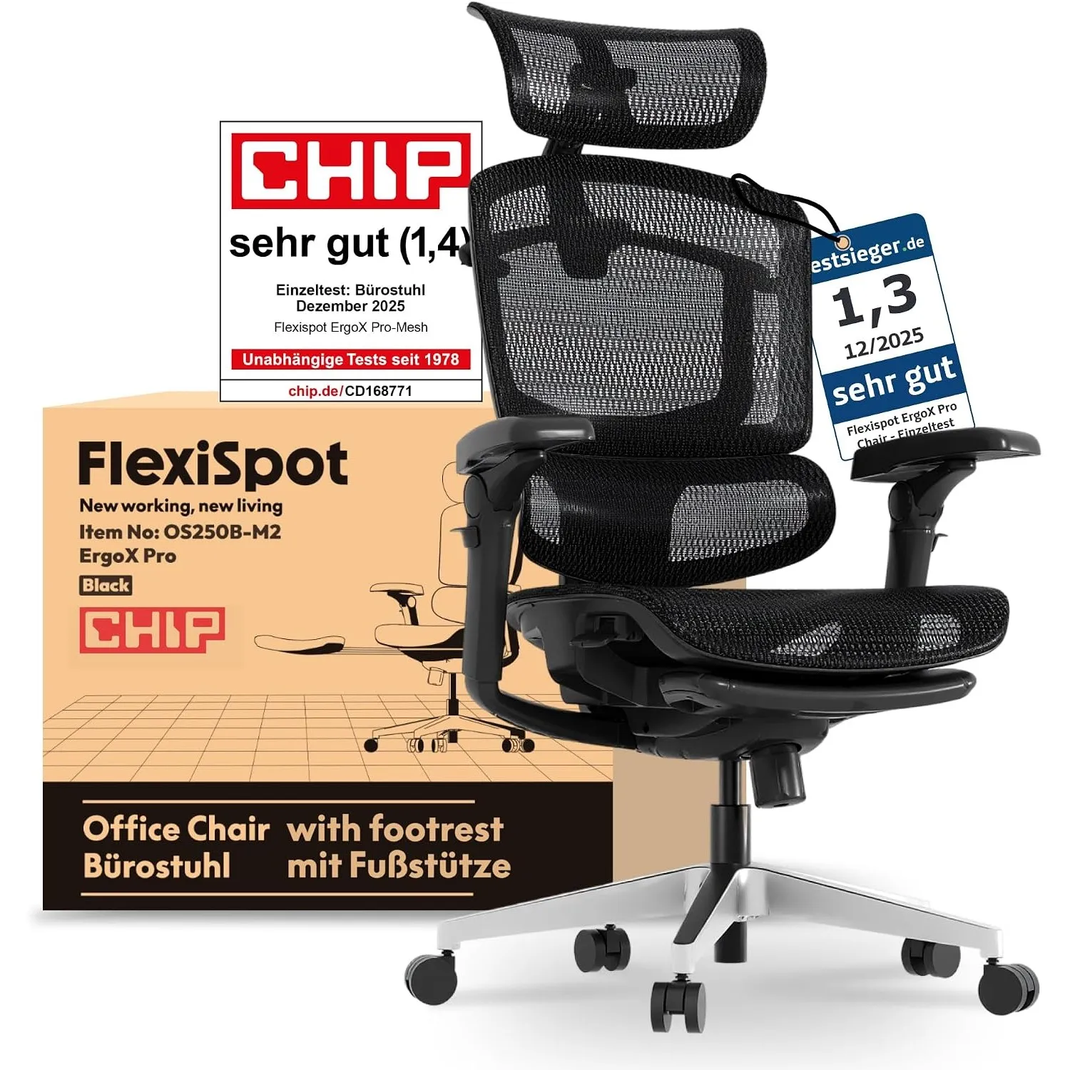 FLEXISPOT Ergonomischer Bürostuhl ErgoX Pro-Mesh Schwarz