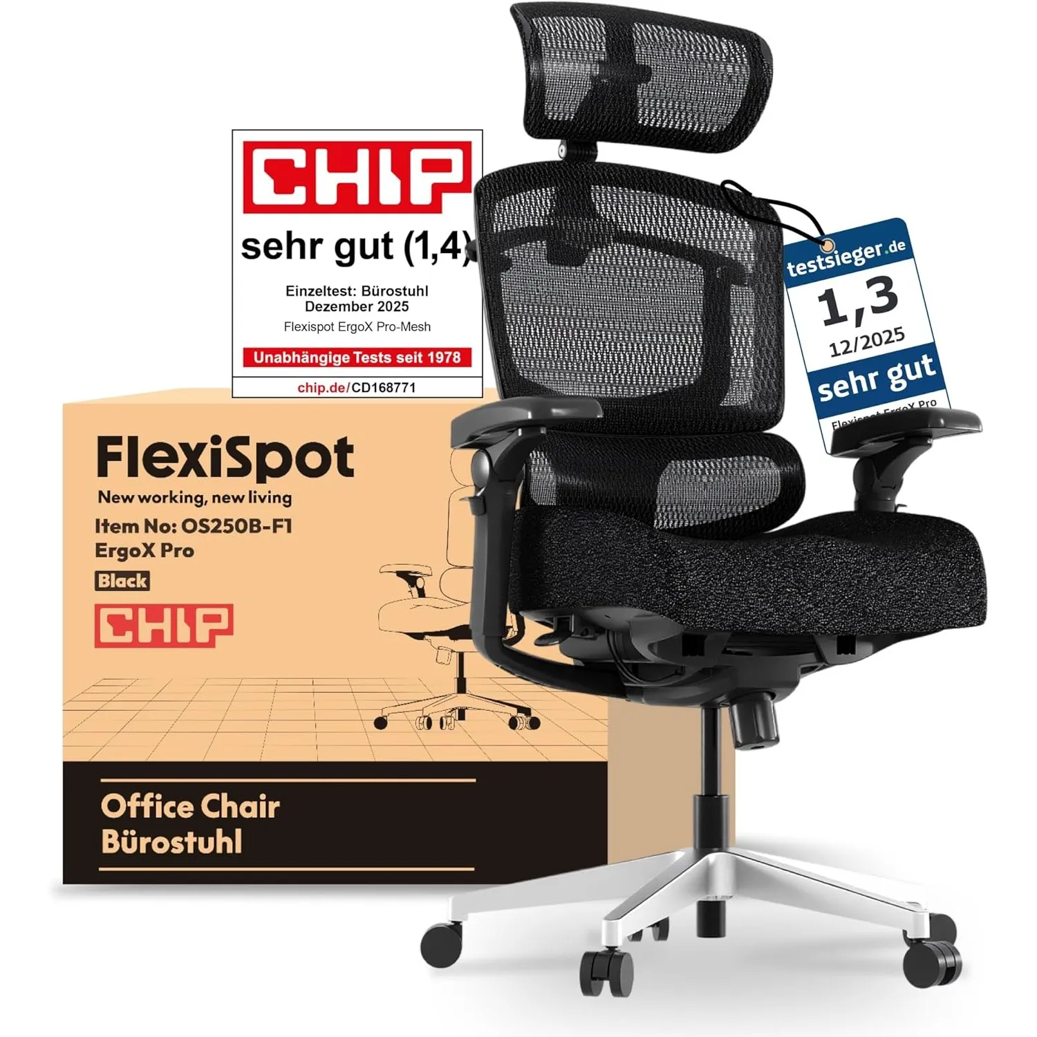 FLEXISPOT ErgoX Pro Ergonomischer Bürostuhl mit 12-stufiger Höhenverstellung, Schreibtischstuhl mit 7D-Armlehnen, 5D-Le…