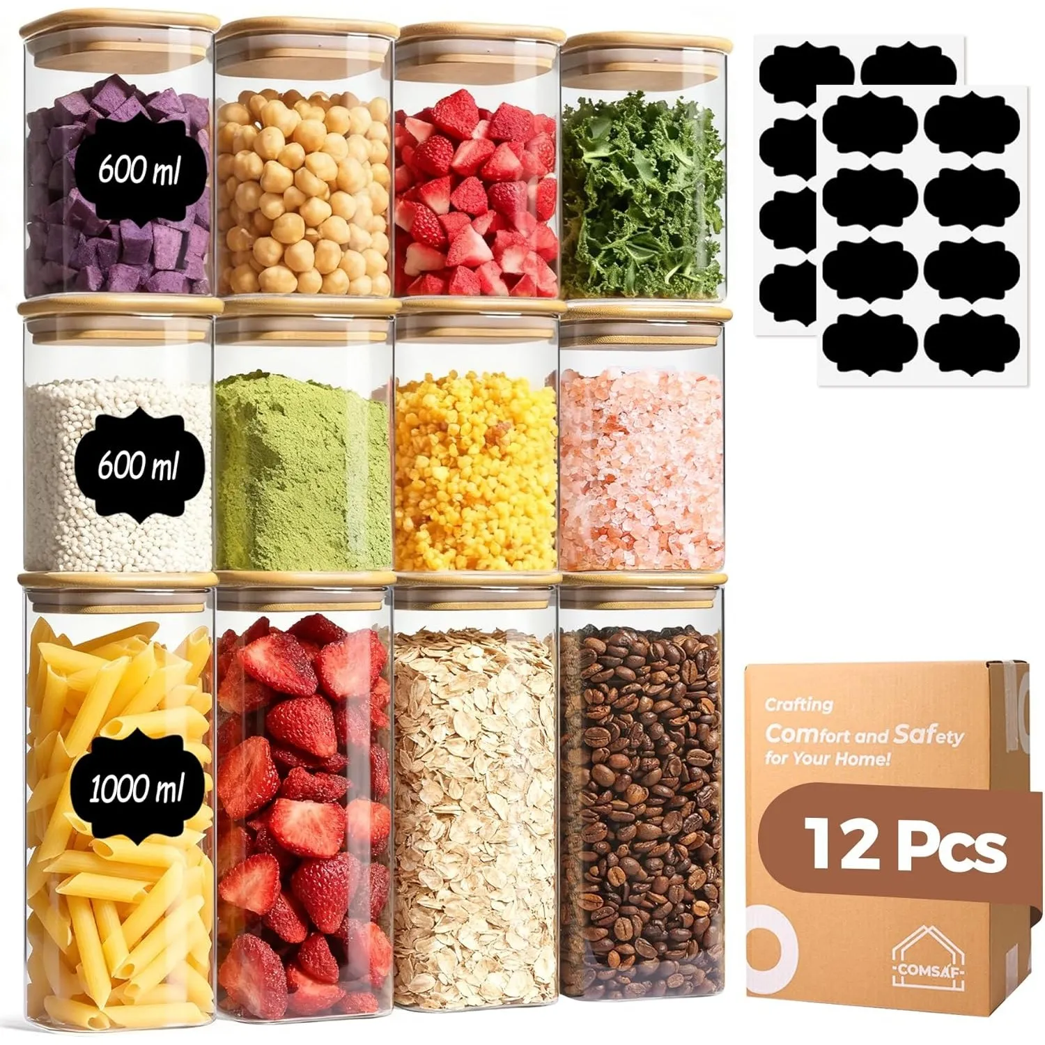 ComSaf Vorratsgläser Glasbehälter mit Deckel,Vorratsdosen 600/1000 ml, 12er | Vorratsdosen, Mehl, Zucker, Müsli, Backzu…