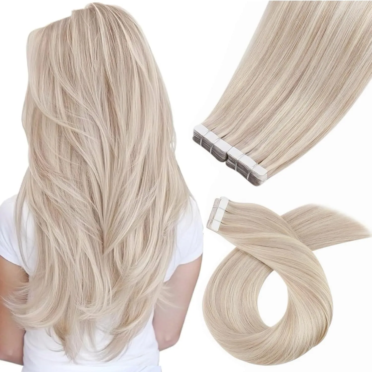 Moresoo Invisible Tape Extensions Hellbraun Highlights Platinblond 55 cm 100g 40pcs Tape Extensions Echthaar Blond Dick…