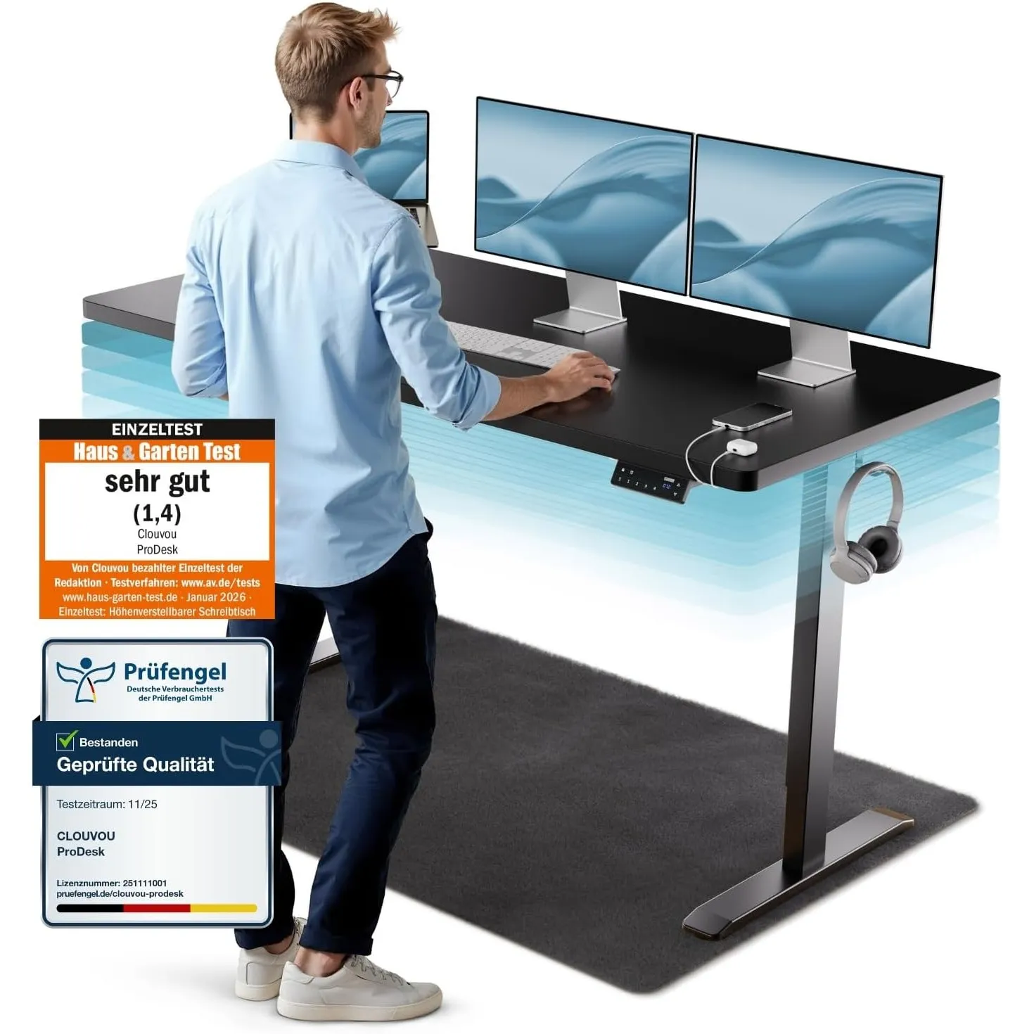 CLOUVOU ProDesk Höhenverstellbarer Schreibtisch elektrisch [TESTSIEGER]