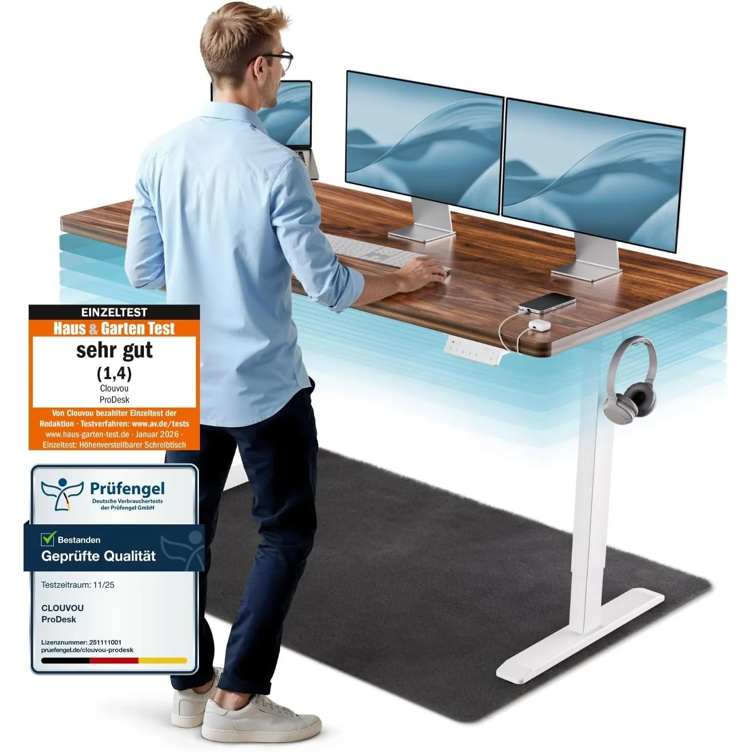 CLOUVOU ProDesk Höhenverstellbarer Schreibtisch elektrisch [TESTSIEGER] | 160x80cm | Dual-Motor Schreibtisch höhenverst…