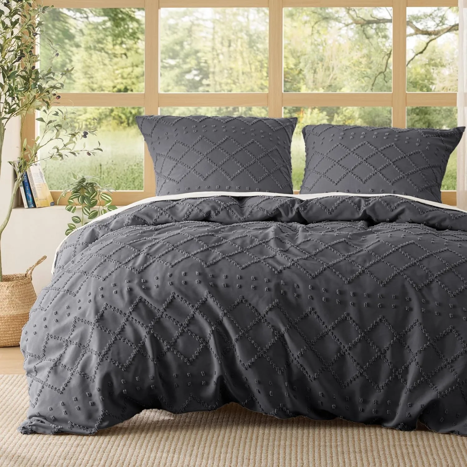 BEDSURE Anthrazit Boho Bettwäsche 3tlg - 200x200 cm | Weiche Mikrofaser, atmungsaktiv. 8 Eckbänder, Reißverschluss. OEK…