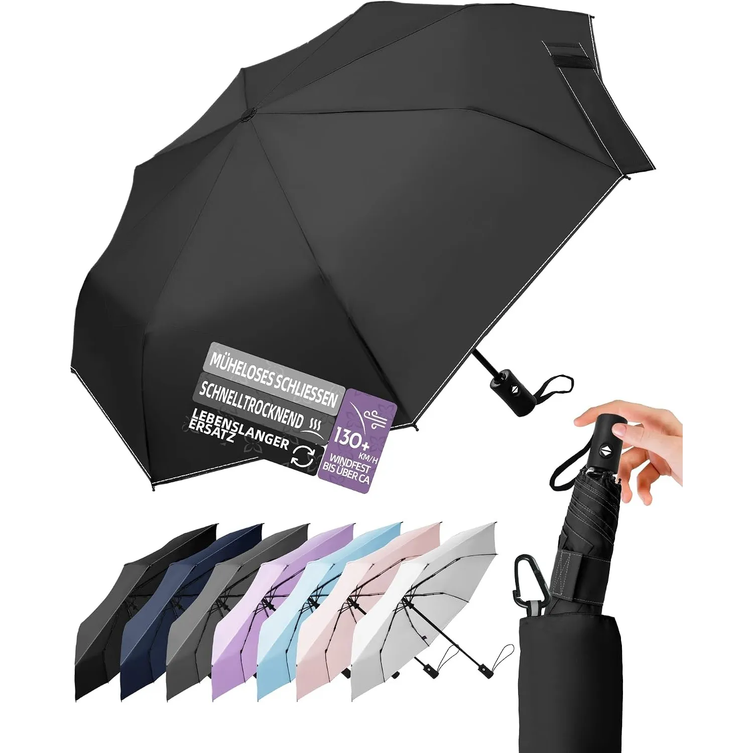 LILAC Regenschirm Klein Stabil Windfest, 110cm Taschenschirm Auf-Zu-Automatik, Kompakter Reiseschirm mit Klettverschlus…