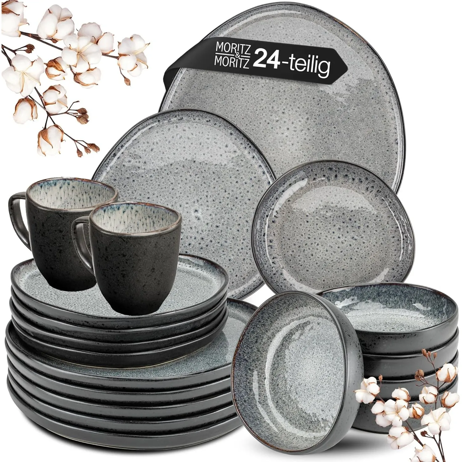 Moritz & Moritz Steingut Geschirrset 6 Personen mit Tassen - 24-teiliges Geschirr Set - Teller Set bestehend aus 6x Din…