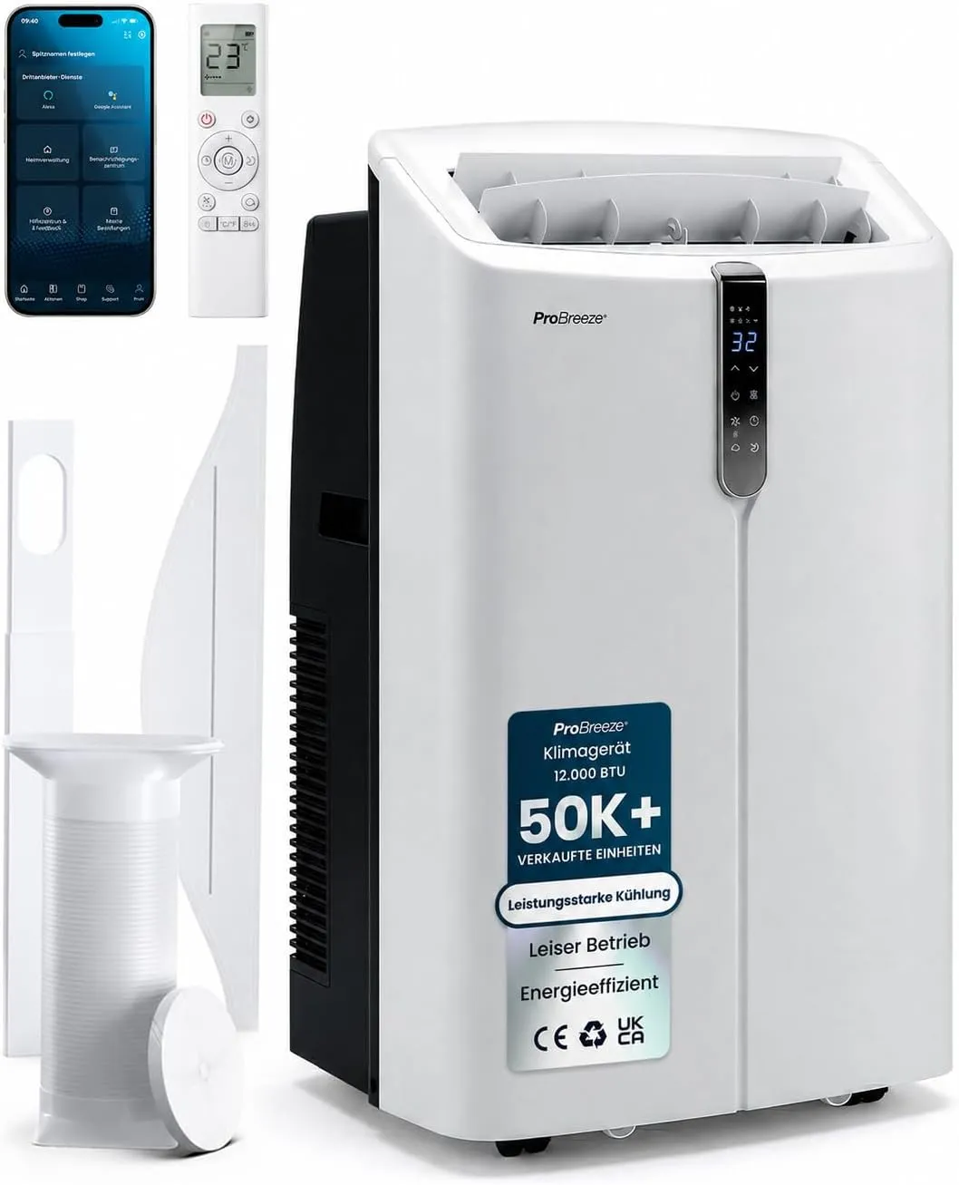 Pro Breeze Mobile Klimaanlage 12000 BTU Ultra Leise <50dB mit Abluftschlauch & Fensterabdichtung – Mobiles Klimagerät b…