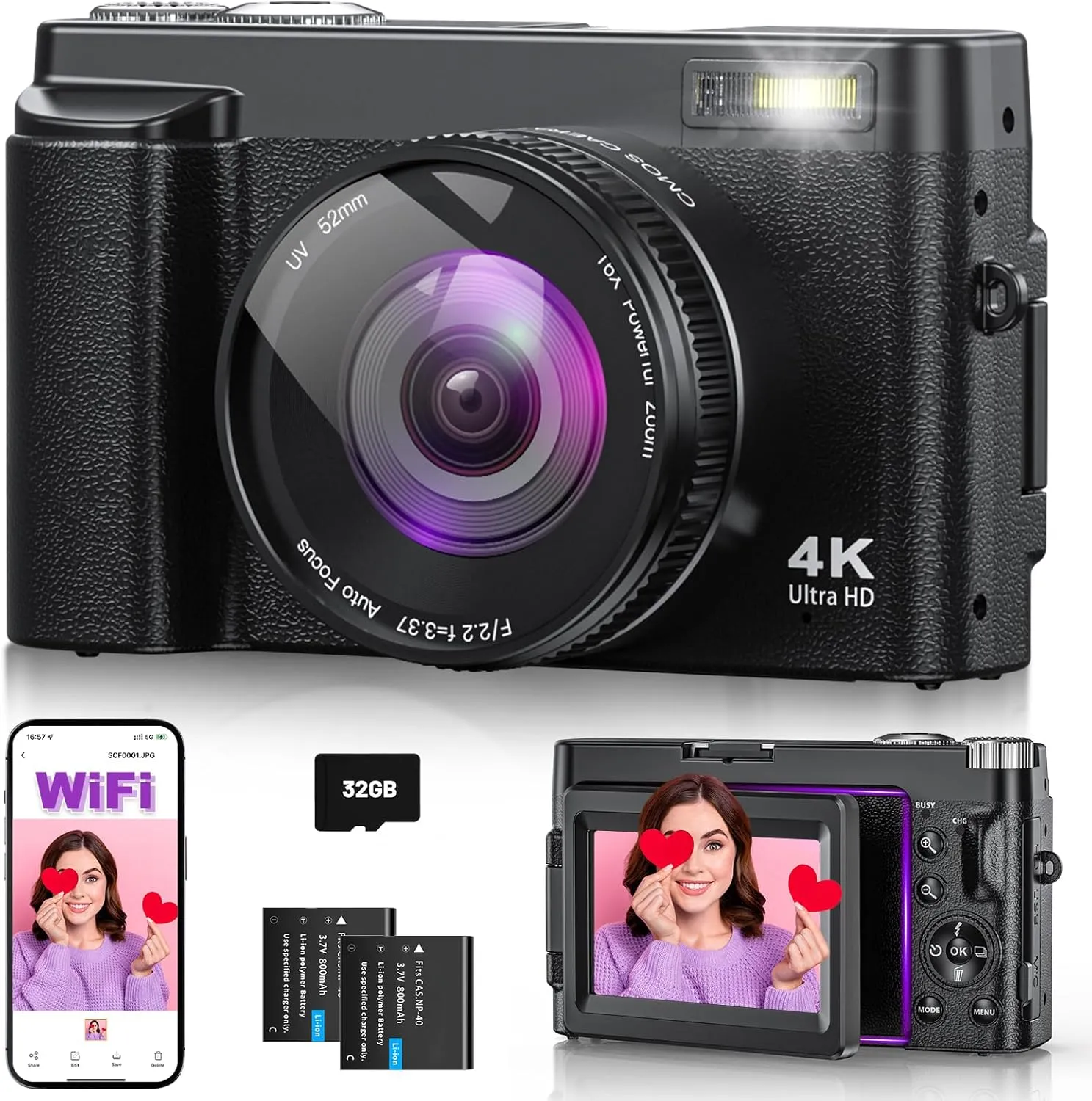 4K 64MP Digitalkamera mit WLAN, 16X Digitalzoom, 180° Flip Screen Autofokus Vlogging Fotoapparat mit Selfie, WiFi Kompa…