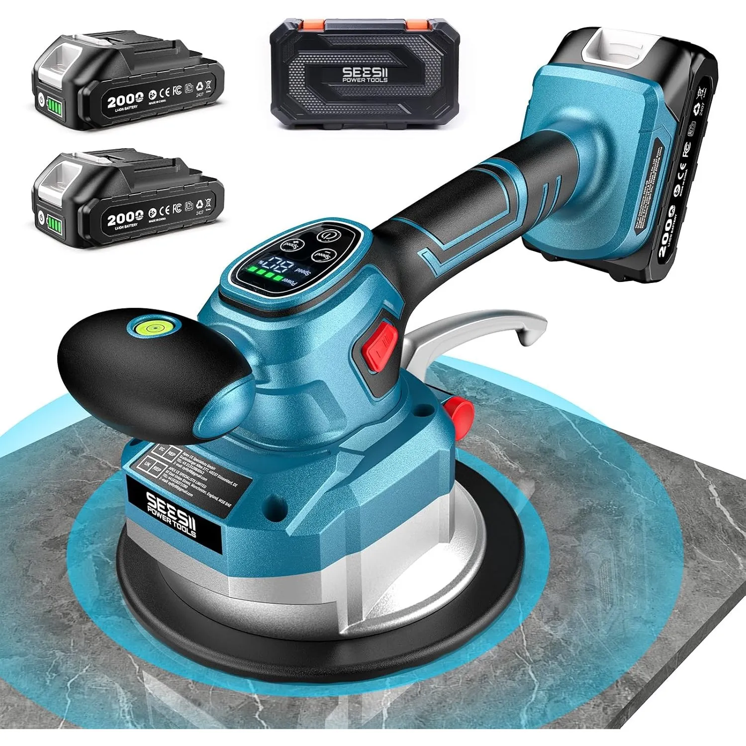 SEESII CX76 Fliesenrüttler, Kabelloses Vibrationsgerät mit 2x2000mAh Batterien, 145mm Saugkraft, 10 Stufige Einstellung…