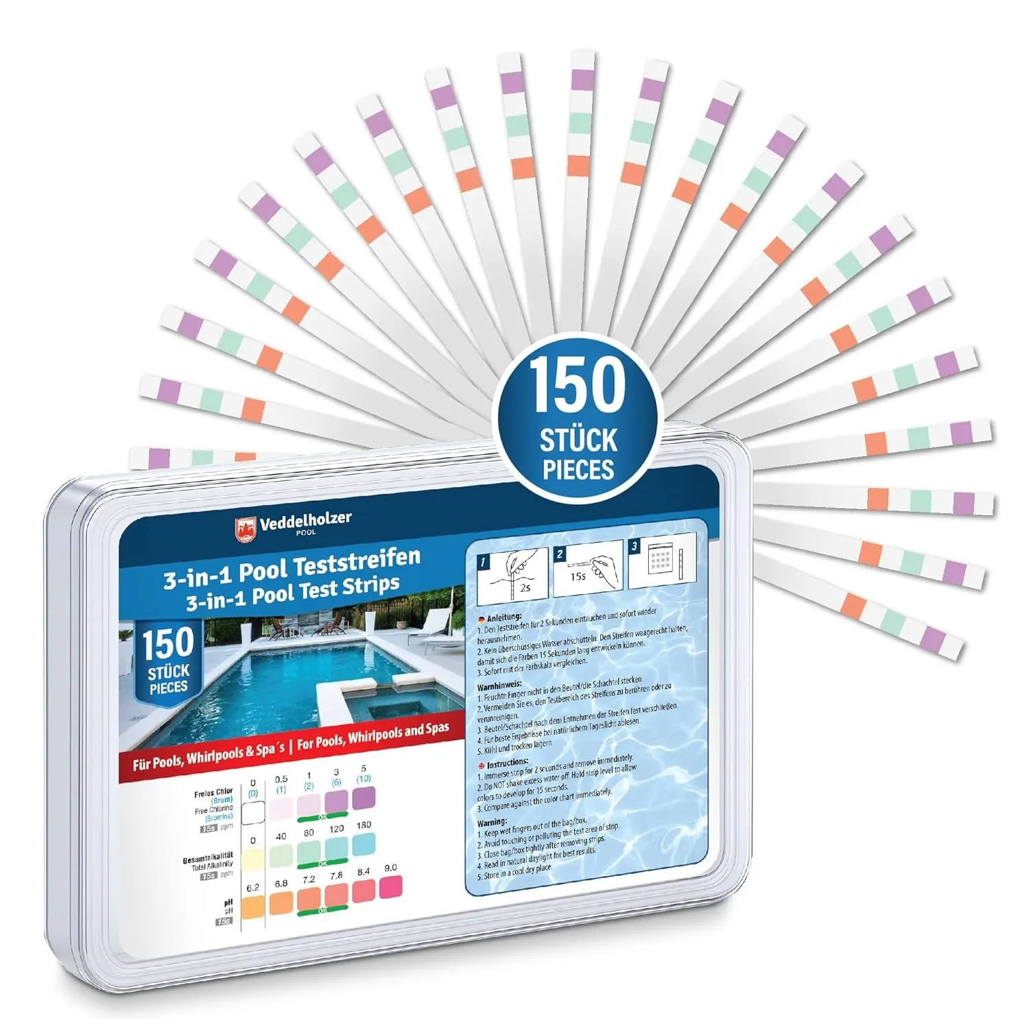 Veddelholzer 3-in-1 Pool Teststreifen (150 Stück) – Wassertester für Pools Messung von pH-Wert, freiem Chlor & Alkalini…