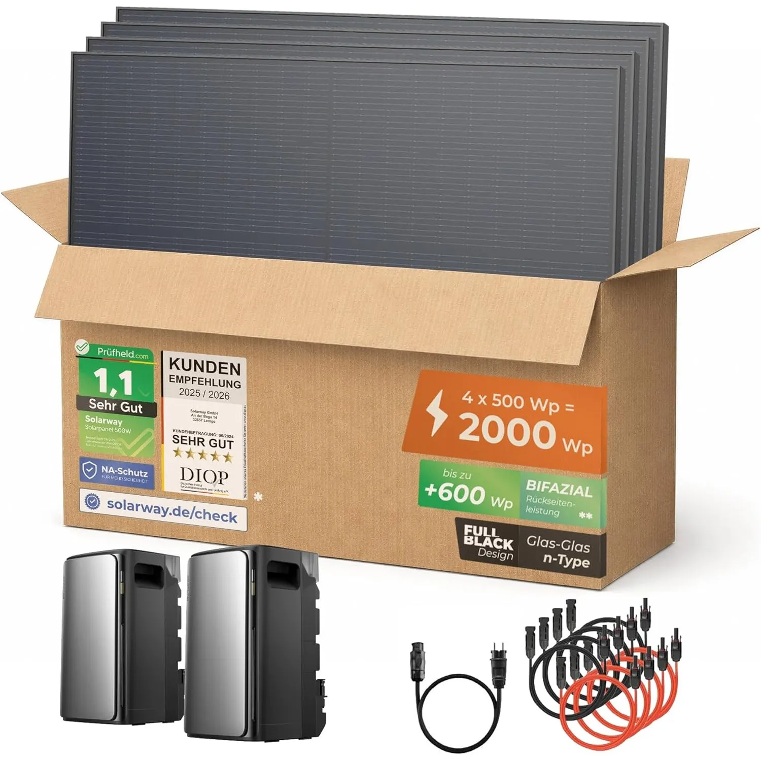 Solarway Balkonkraftwerk 2000 Wp / 800 W mit 3,8 kWh Speicher – Komplettset Steckdose – 2× EcoFlow STREAM Max (je 1,9 k…